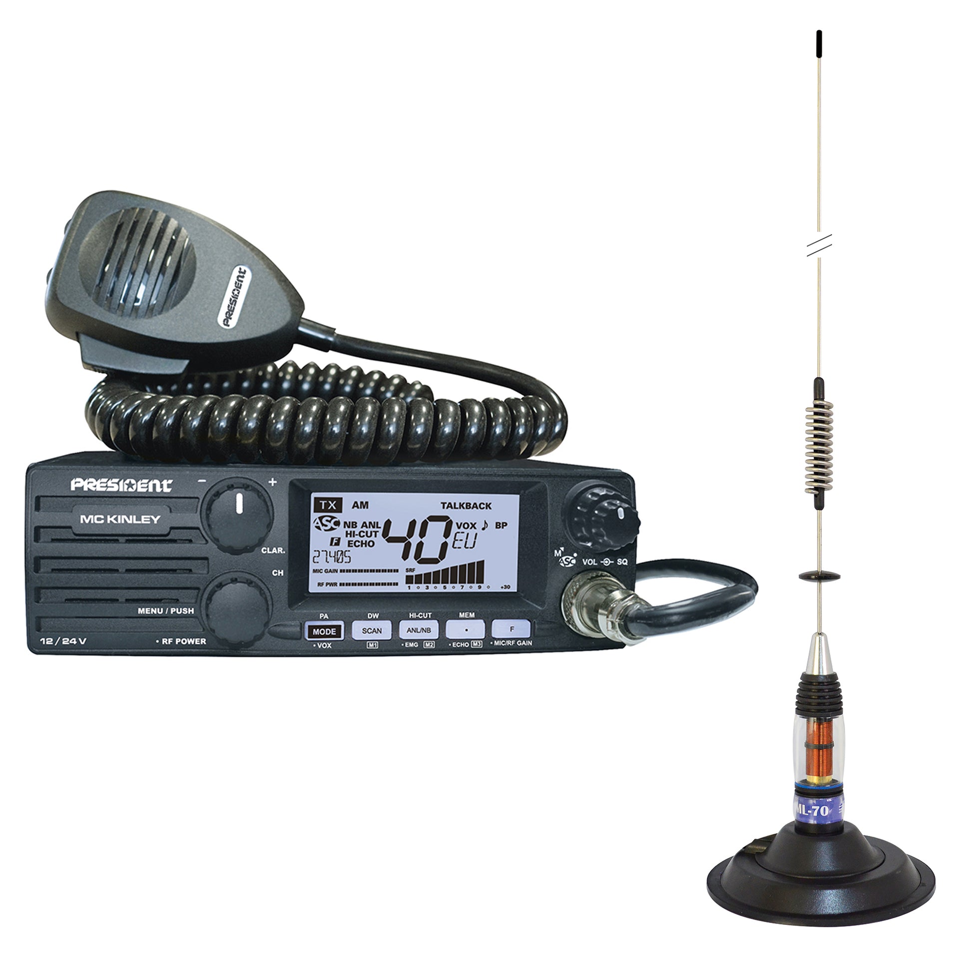 Kit Statie radio CB President MC KINLEY ASC AM FM LSB + Antena CB PNI ML70, lungime 70cm, 26-30MHz, 200W