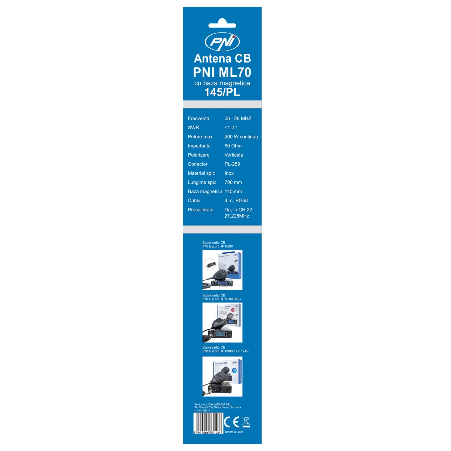 Kit Statie radio CB President Richard ASC 10M + Antena CB PNI ML70, lungime 70cm, 26-30MHz, 200W