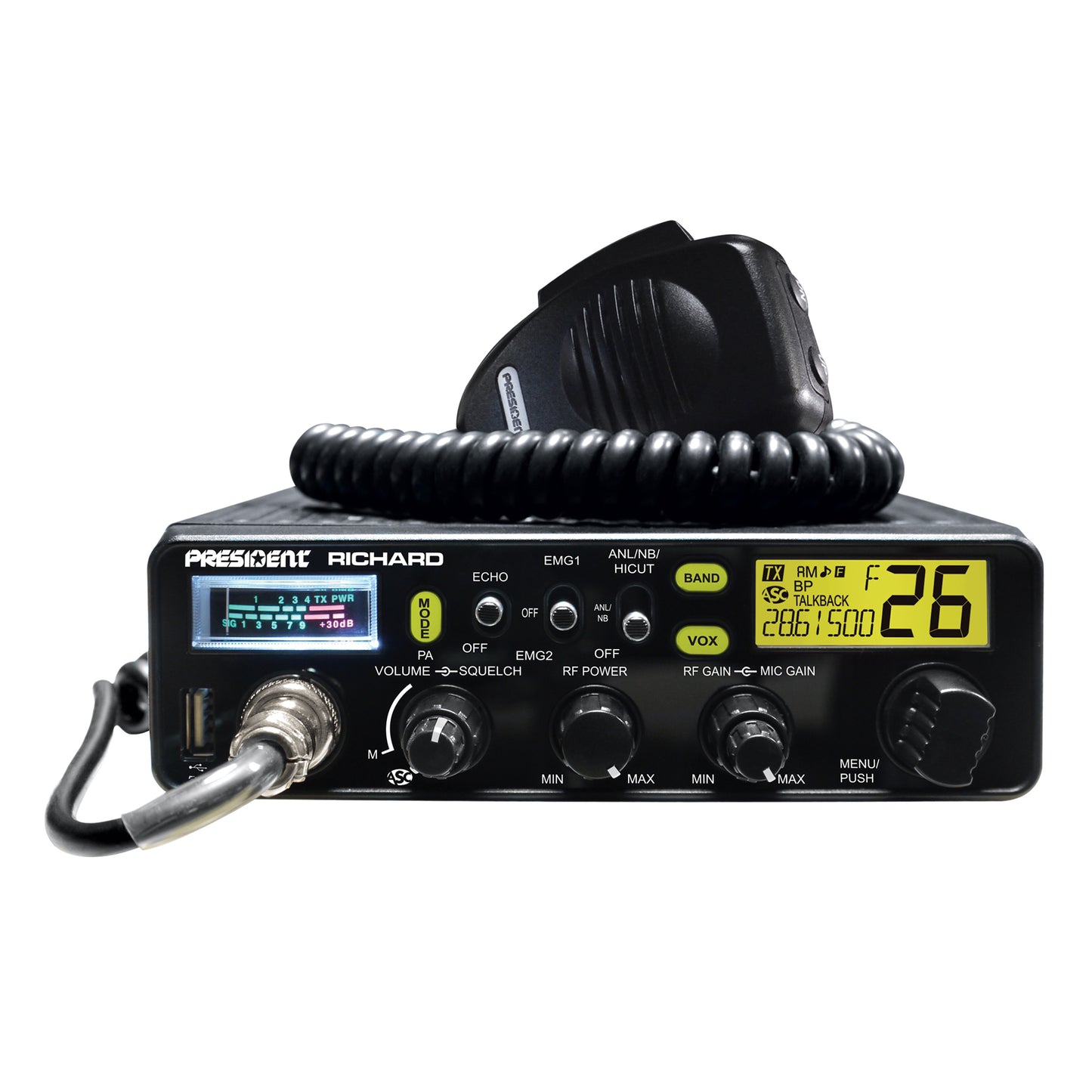 Kit Statie radio CB President Richard ASC 10M + Antena CB PNI ML70, lungime 70cm, 26-30MHz, 200W