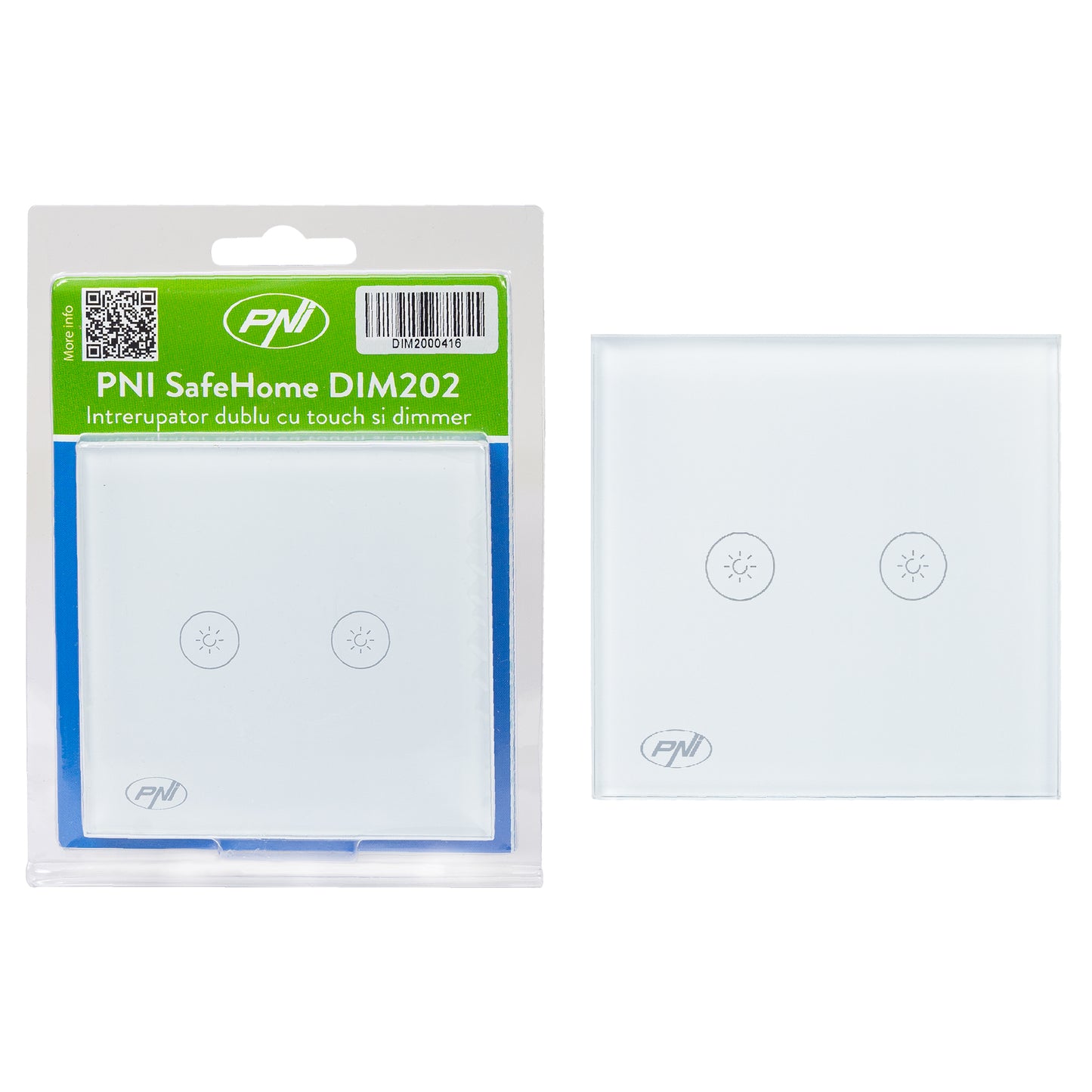 Intrerupator dublu cu touch si dimmer PNI SafeHome DIM202 2X700W,  Live Wire, fara nul, sticla