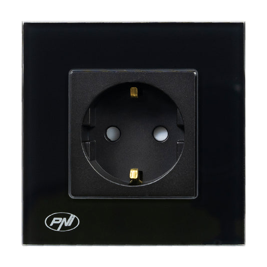 Priza simpla incastrabila PNI WP101B, cu rama din sticla, 16A, 3700W, 230V, negru