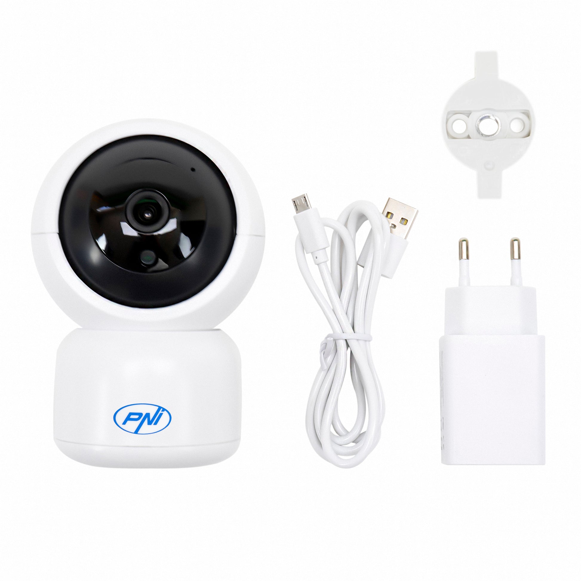 Camera supraveghere video PNI IP390T 1080P cu PTZ WiFi H264+ suporta microSD 128GB, Night Vision, aplicatia Tuya, P2P, Android, iOS, pentru interior, rotire dupa miscare, alarma la miscare
