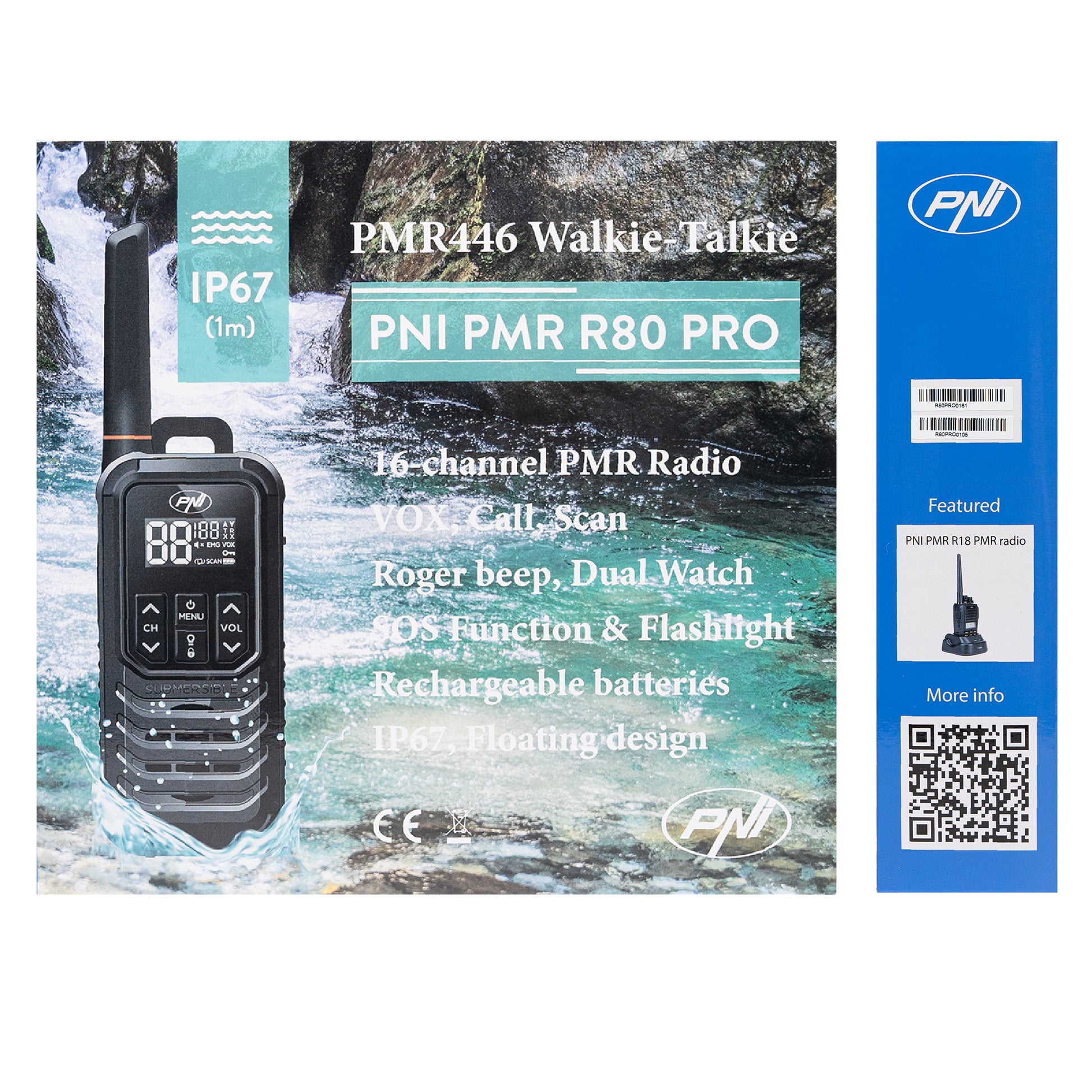 Statie radio portabila PNI PMR R80 PRO, set cu 2 bucati, 0.5W, 16 canale, Waterproof IP67, cu lanterna LED, buton SOS, VOX, USB-C