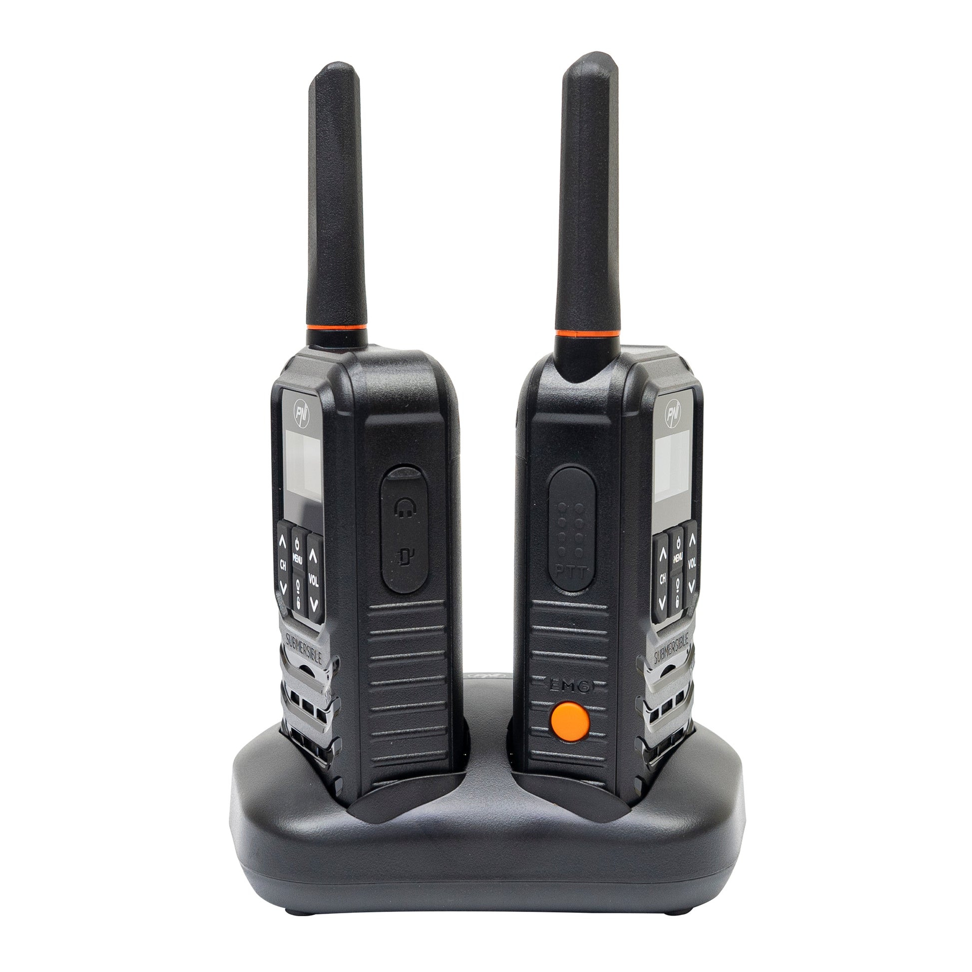 Statie radio portabila PNI PMR R80 PRO, set cu 2 bucati, 0.5W, 16 canale, Waterproof IP67, cu lanterna LED, buton SOS, VOX, USB-C