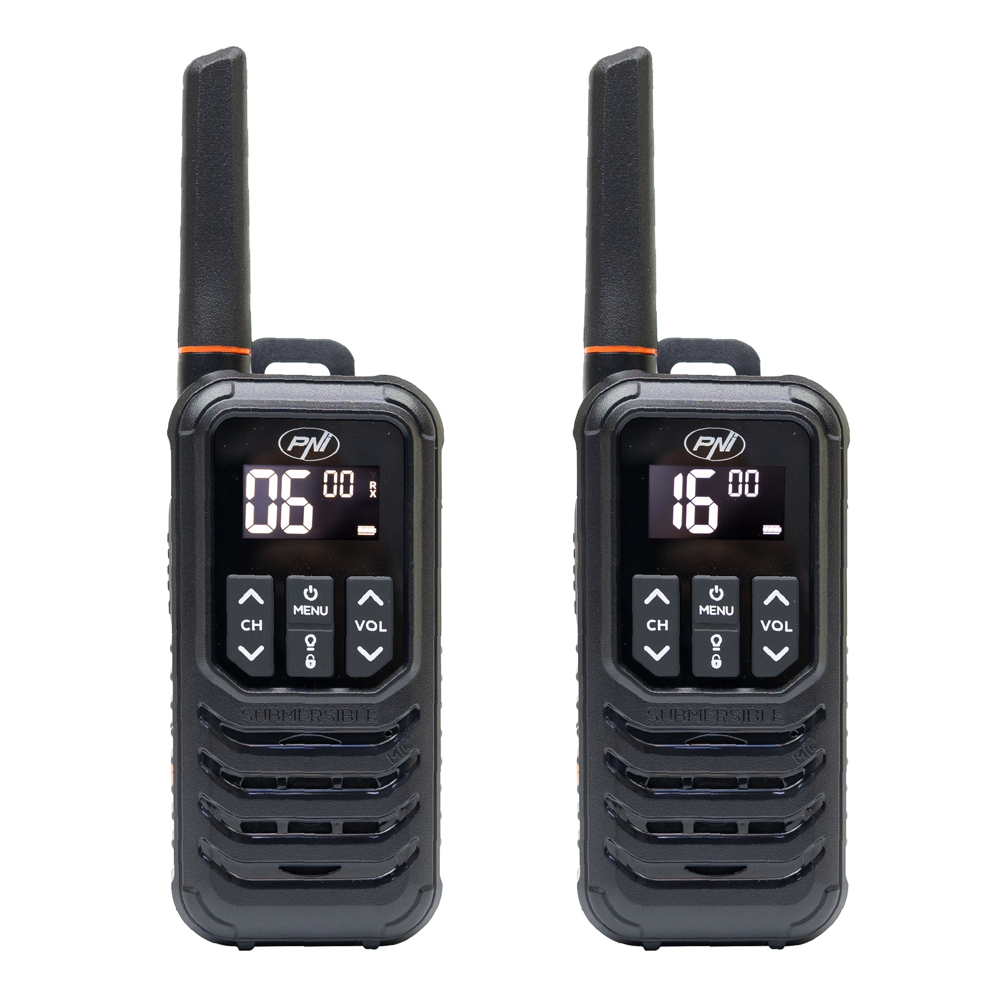 Statie radio portabila PNI PMR R80 PRO, set cu 2 bucati, 0.5W, 16 canale, Waterproof IP67, cu lanterna LED, buton SOS, VOX, USB-C