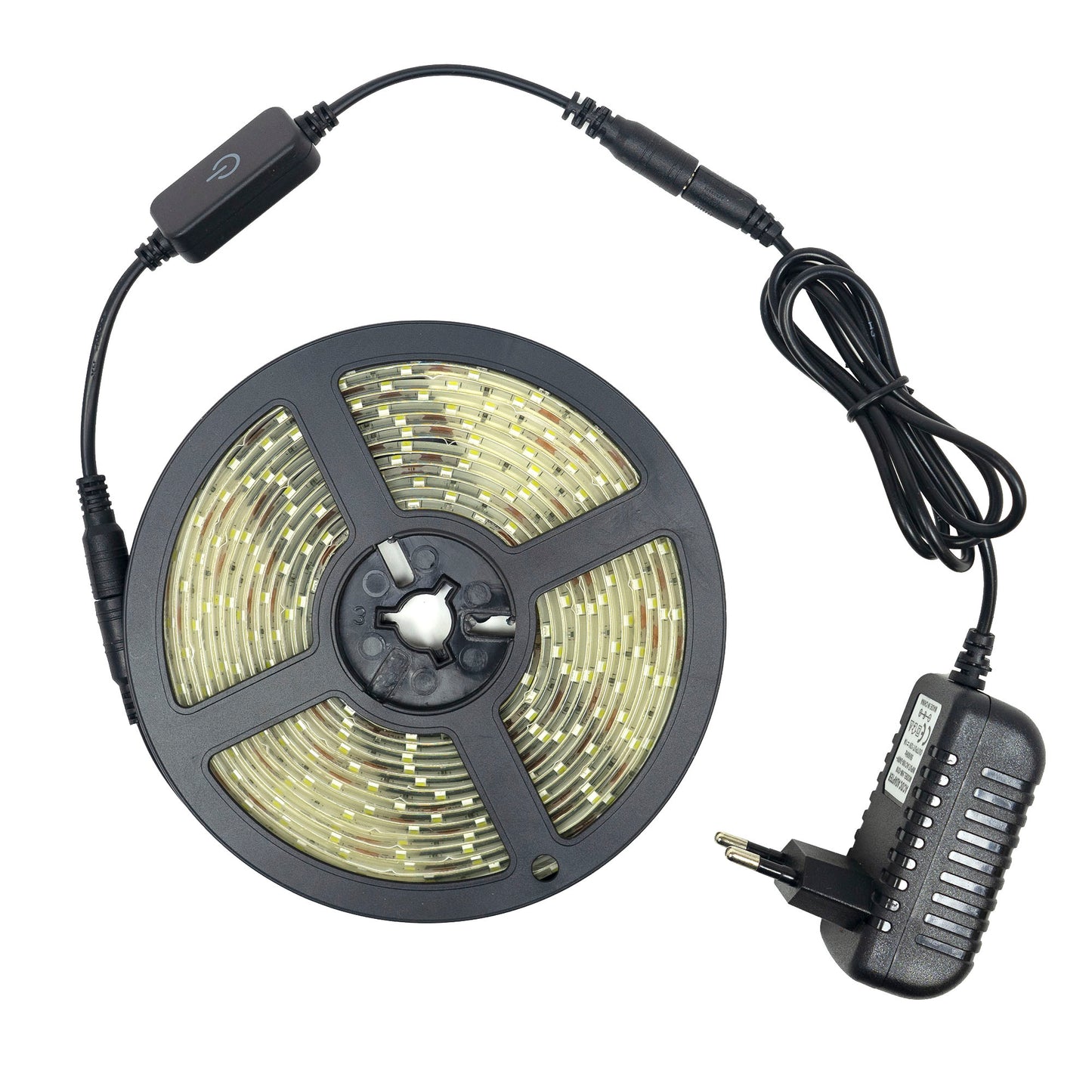 Banda LED PNI W2835, 5m, alb rece, IP65, silicon, buton touch, alimentator 230V, dimabil, 300 LED-uri tip 2835