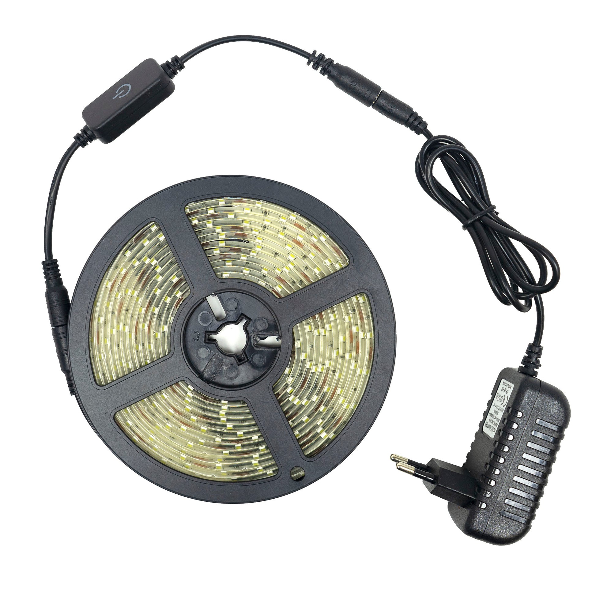 Banda LED PNI W2835, 5m, alb rece, IP65, silicon, buton touch, alimentator 230V, dimabil, 300 LED-uri tip 2835