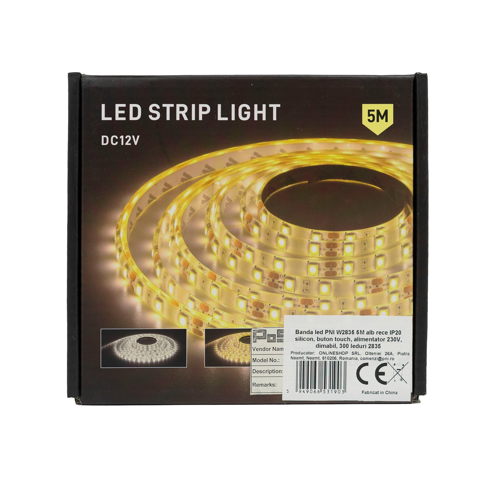 Banda LED PNI W2835, 5m, alb rece, IP65, silicon, buton touch, alimentator 230V, dimabil, 300 LED-uri tip 2835