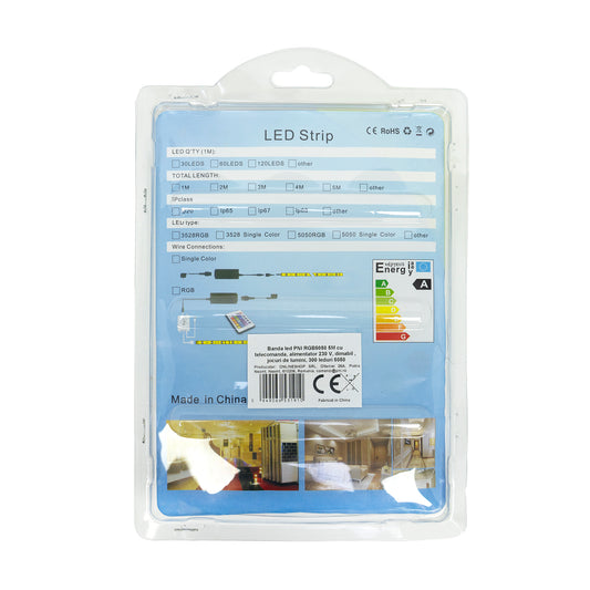 Banda LED PNI RGB5050, 5m, cu telecomanda, alimentator 230 V, dimabil, jocuri de lumini, 300 LED-uri tip 5050