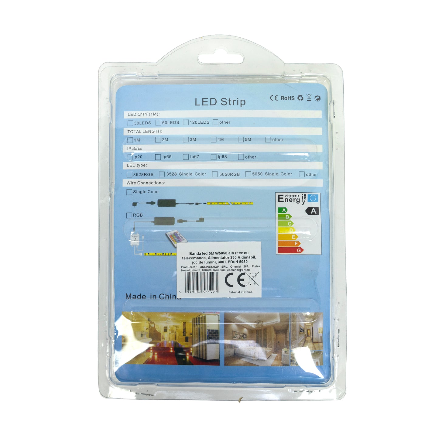 Banda LED W5050, 5 m, alb rece, cu telecomanda, alimentator 230 V, dimabil, joc de lumini, 300 LED- uri tip 5050