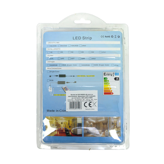Banda LED W5050, 5 m, alb rece, cu telecomanda, alimentator 230 V, dimabil, joc de lumini, 300 LED- uri tip 5050