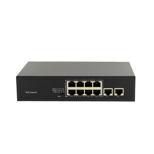 Switch POE PNI SWPOE182 cu 8 porturi POE 100 si 2 porturi 100Mbps, functie AI Extend pana la 250m carcasa metalica, negru