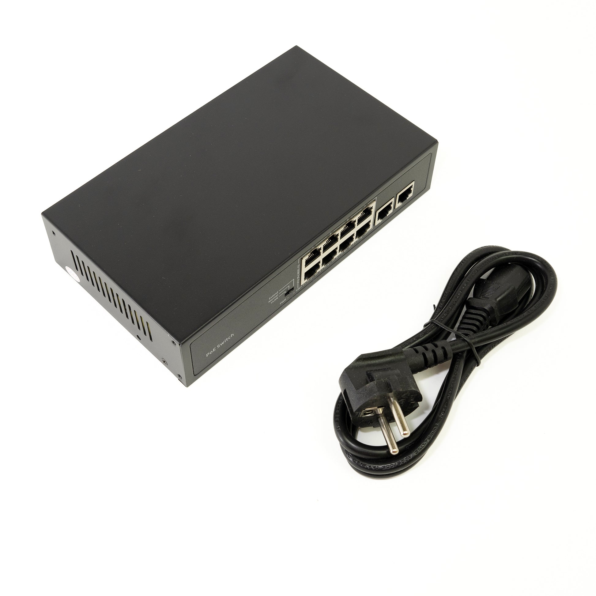 Switch POE PNI SWPOE182 cu 8 porturi POE 100 si 2 porturi 100Mbps, functie AI Extend pana la 250m carcasa metalica, negru
