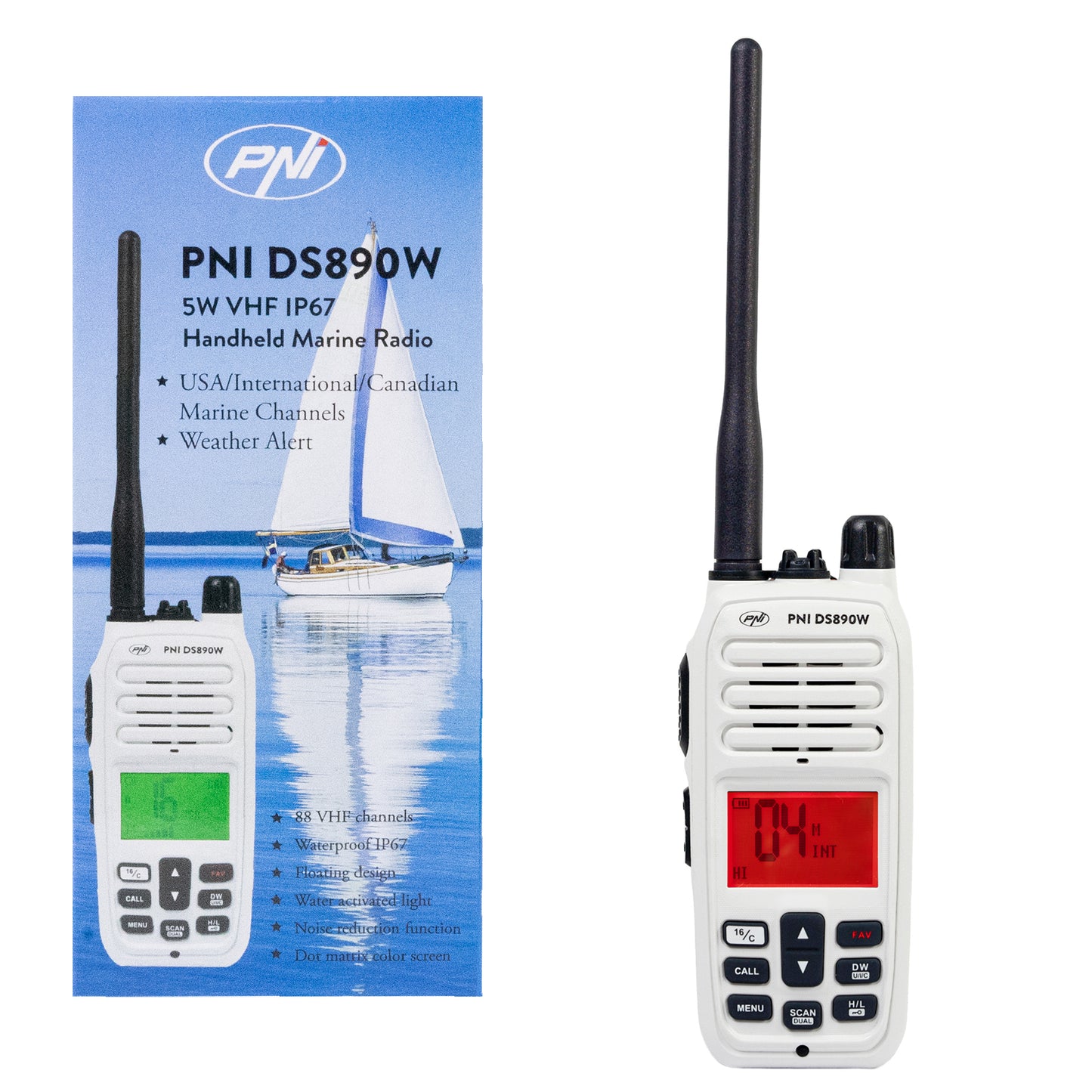 Statie radio maritima portabila PNI DS890W 88 canale, 10 canale meteo, Squelch reglabil, Roger Beep, Dual Watch, Scan, Call, NRC, acumulator 1800mAh, IP67