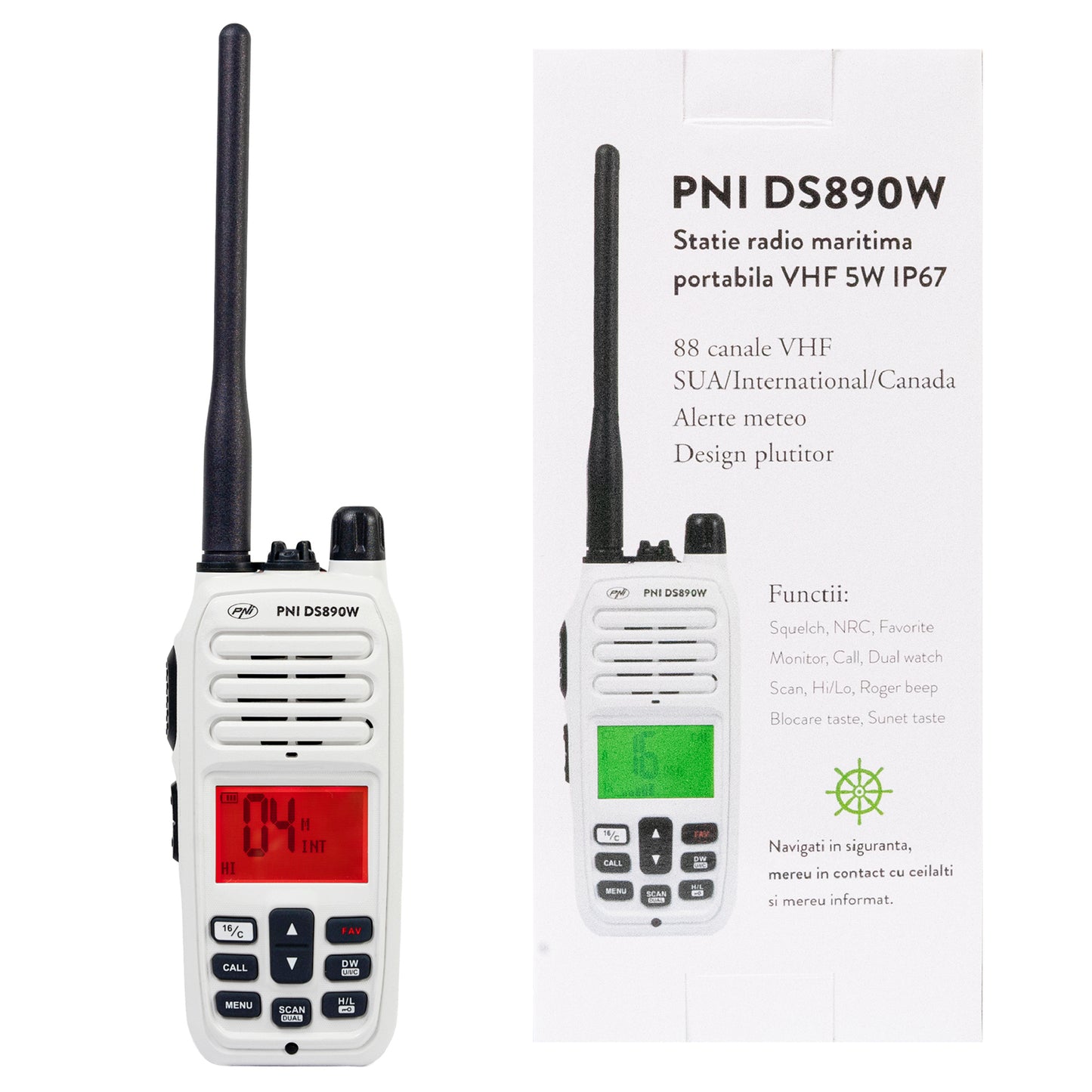 Statie radio maritima portabila PNI DS890W 88 canale, 10 canale meteo, Squelch reglabil, Roger Beep, Dual Watch, Scan, Call, NRC, acumulator 1800mAh, IP67