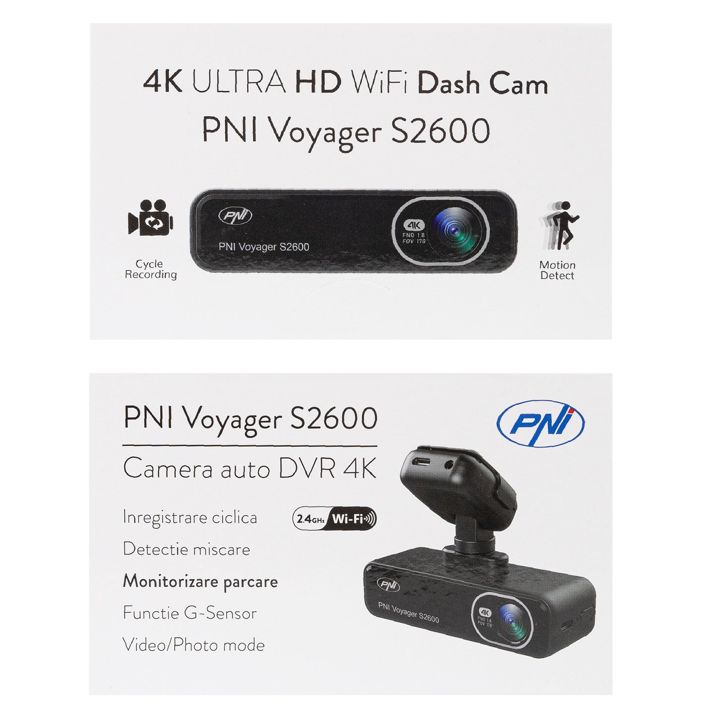 Camera auto DVR PNI Voyager S2600 WiFi, 4K Ultra HD, GPS, fara display, functie Monitorizare parcare, G-sensor, inregistrare video si audio, alimentare 12V/24V