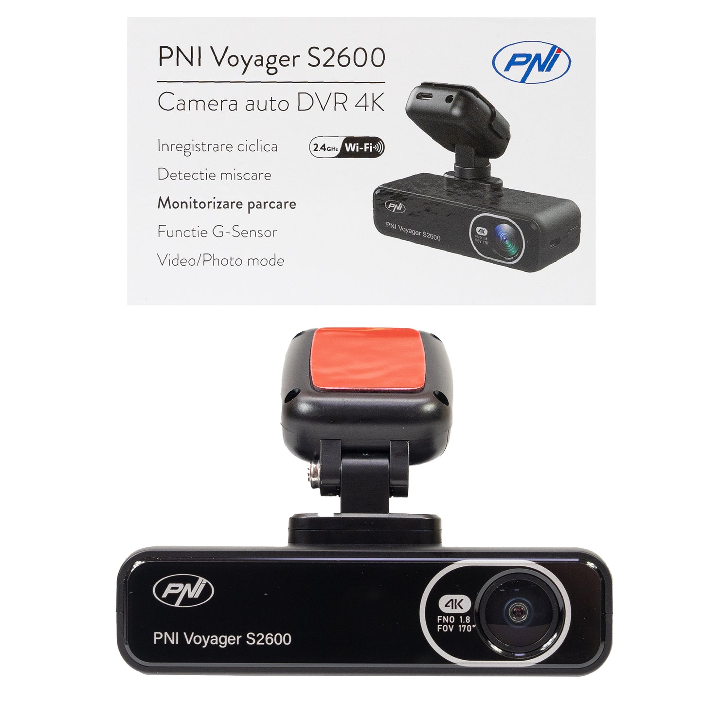 Camera auto DVR PNI Voyager S2600 WiFi, 4K Ultra HD, GPS, fara display, functie Monitorizare parcare, G-sensor, inregistrare video si audio, alimentare 12V/24V