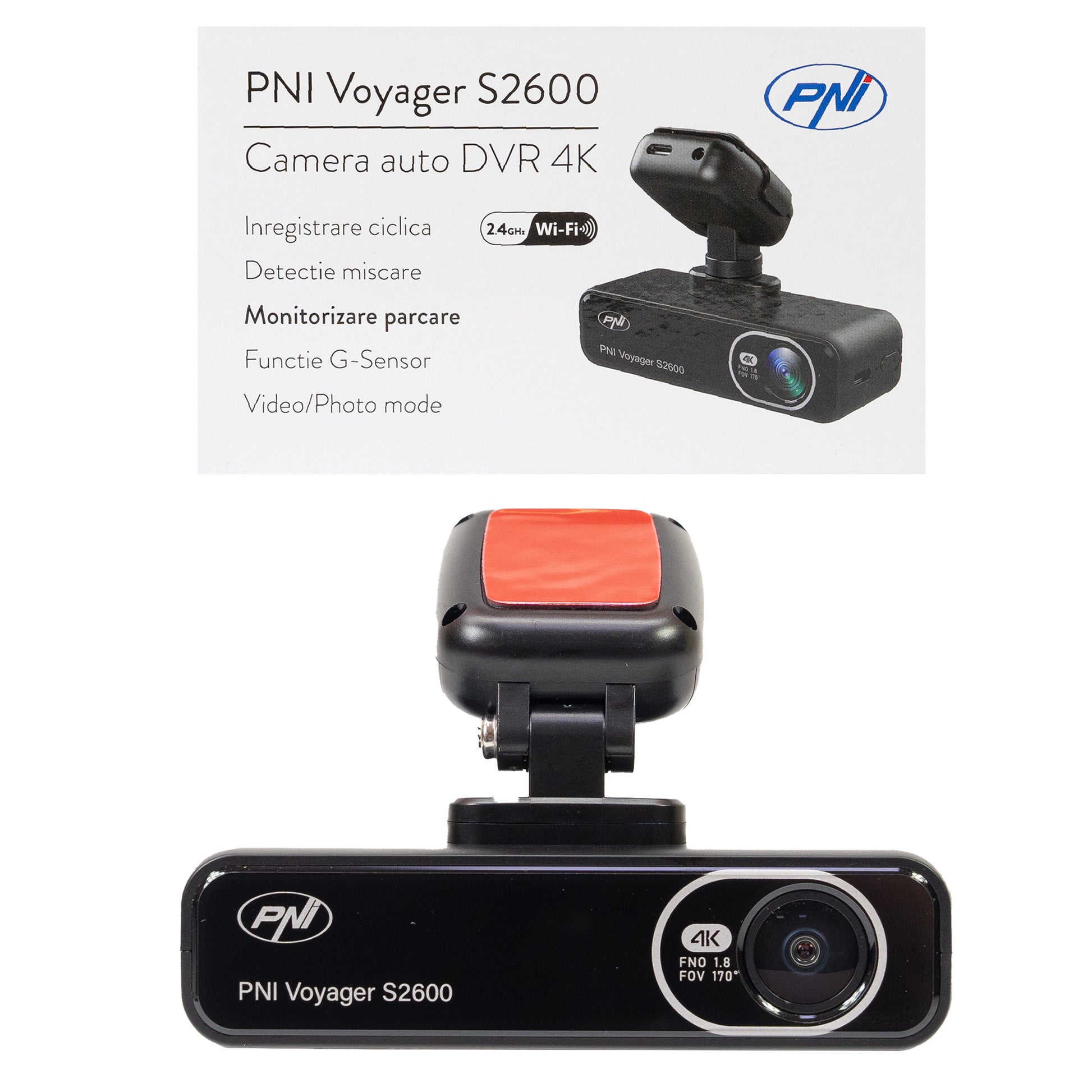 Camera auto DVR PNI Voyager S2600 WiFi, 4K Ultra HD, GPS, fara display, functie Monitorizare parcare, G-sensor, inregistrare video si audio, alimentare 12V/24V