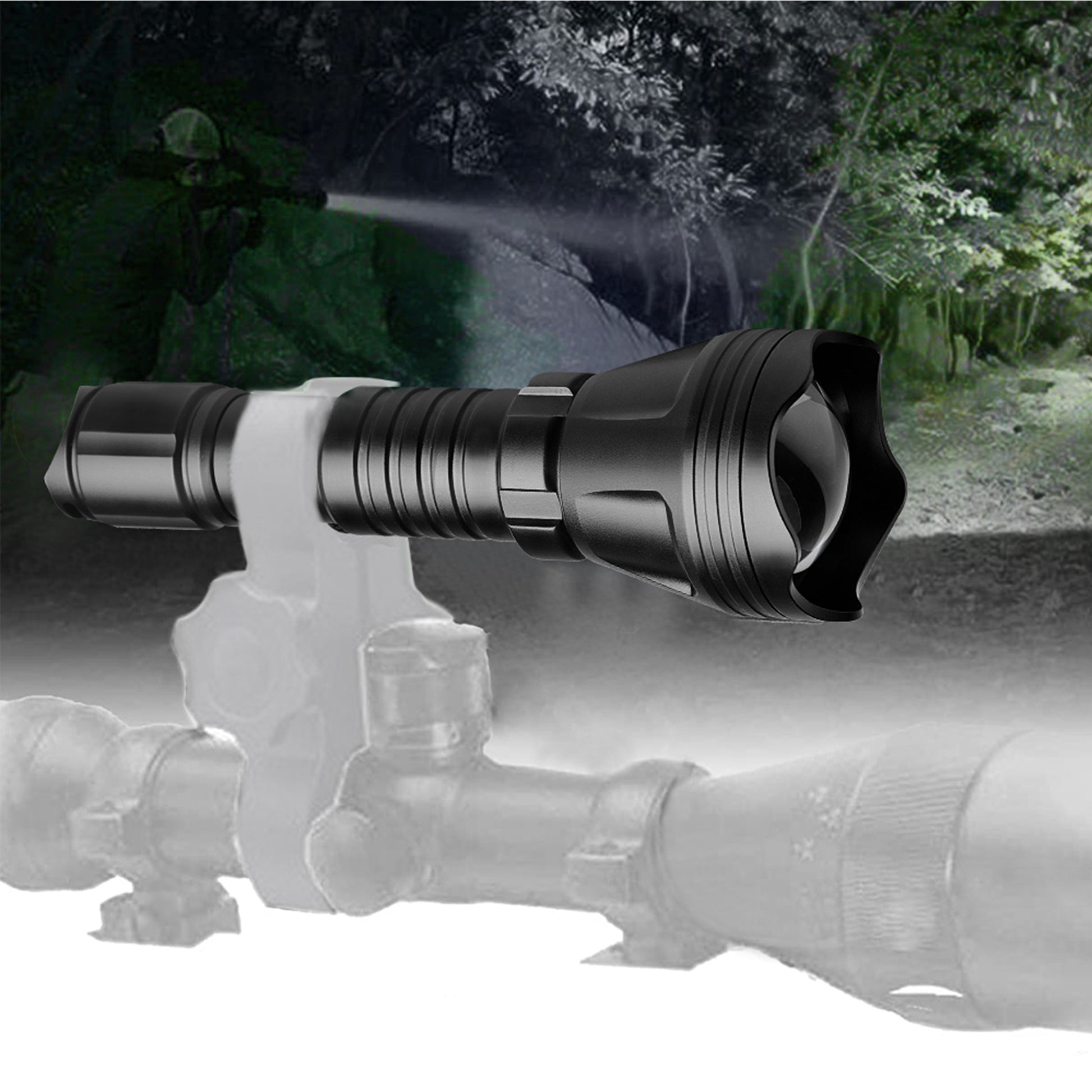 Lanterna PNI Adventure FBG158 cu LED, lumina verde, distanta 650 m, functie zoom si dimming, acumulator 18650 3000mAh si incarcator inclus, IP68, negru