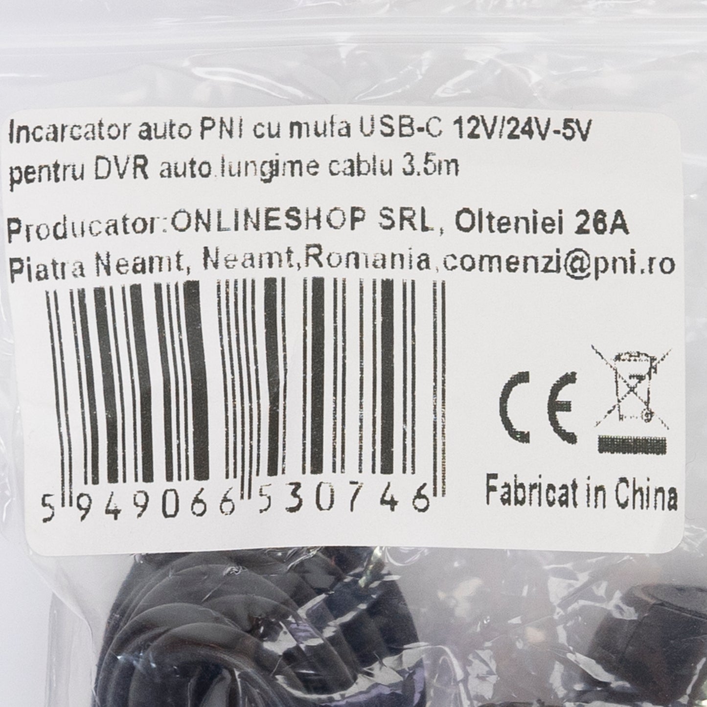 Incarcator auto PNI cu mufa USB-C 12V/24V - 5V, pentru DVR auto, lungime cablu 3.5m