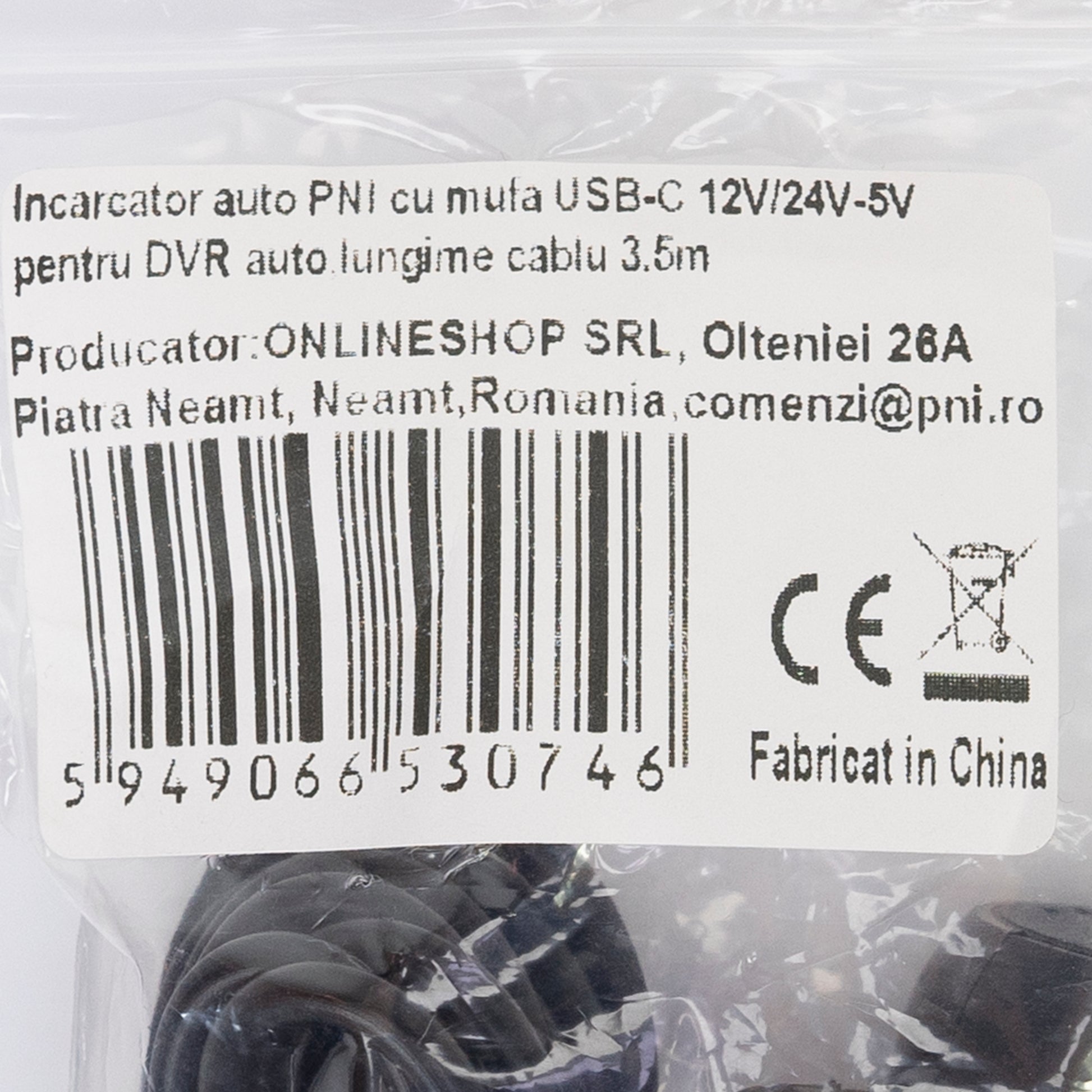 Incarcator auto PNI cu mufa USB-C 12V/24V - 5V, pentru DVR auto, lungime cablu 3.5m