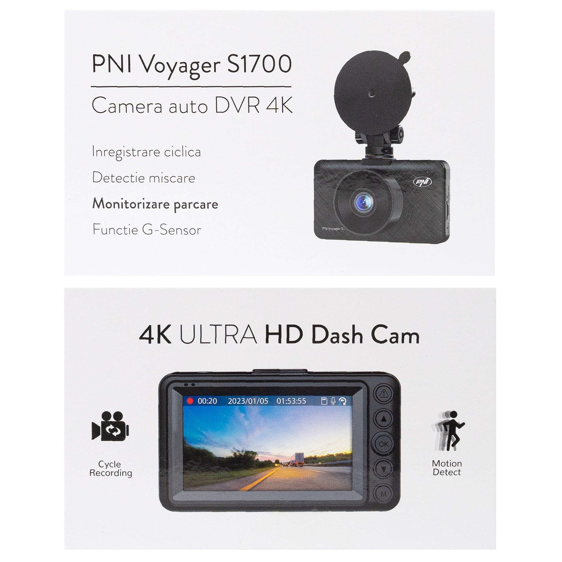 Camera auto DVR PNI Voyager S1700 4K UHD, ecran 3 inch, inregistrare ciclica, monitorizare parcare, detectie miscare, alimentare 12V/24V