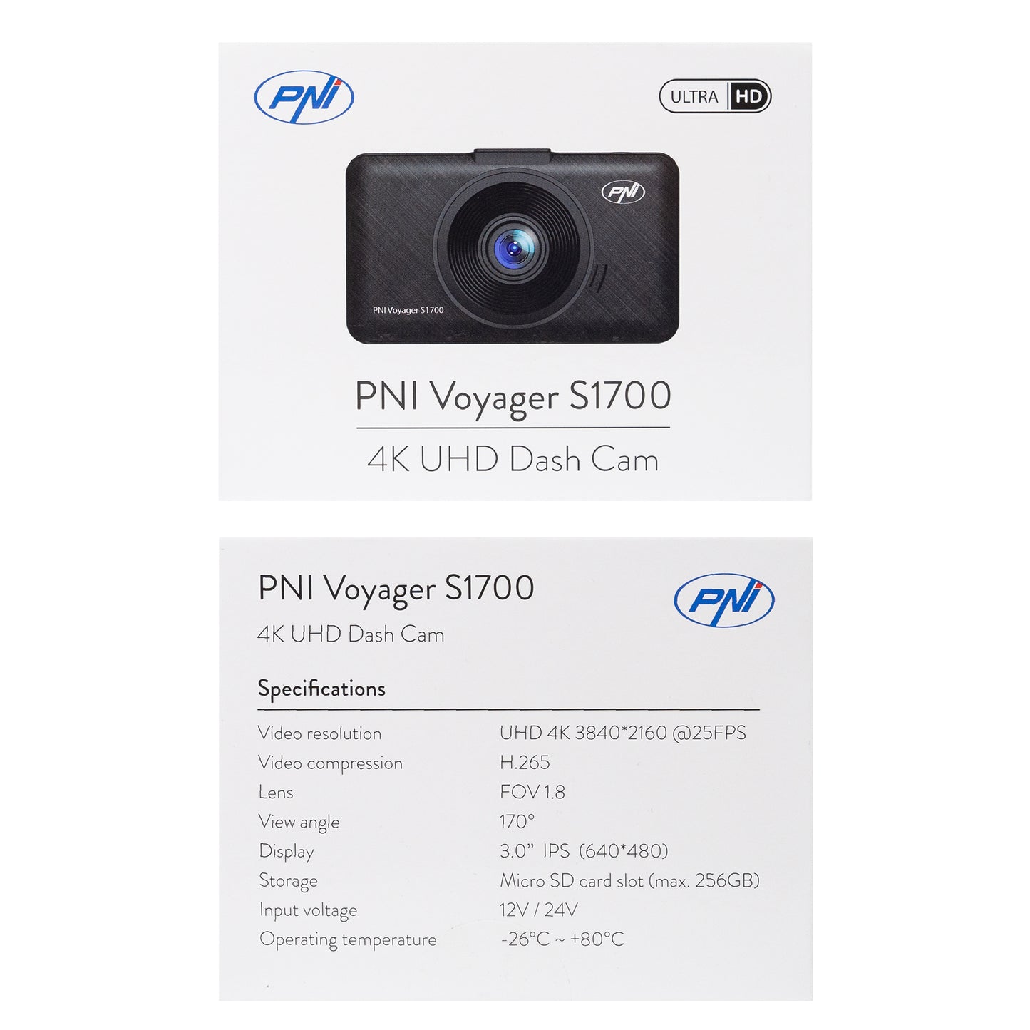 Camera auto DVR PNI Voyager S1700 4K UHD, ecran 3 inch, inregistrare ciclica, monitorizare parcare, detectie miscare, alimentare 12V/24V