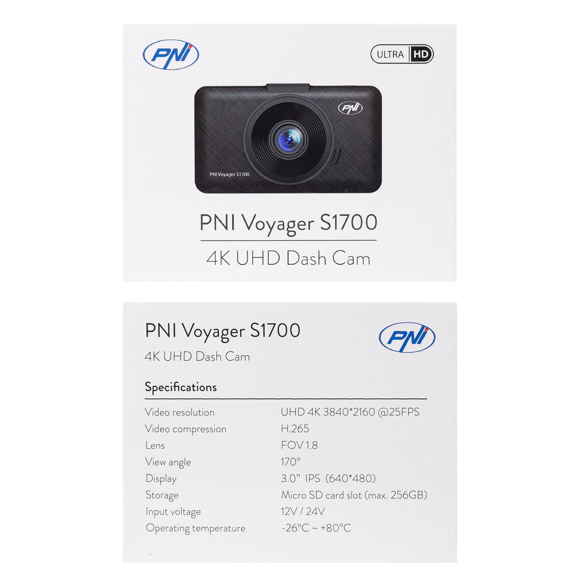 Camera auto DVR PNI Voyager S1700 4K UHD, ecran 3 inch, inregistrare ciclica, monitorizare parcare, detectie miscare, alimentare 12V/24V