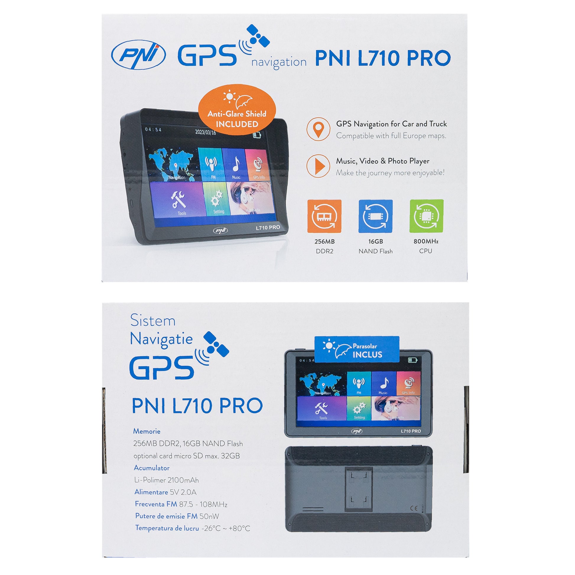 Sistem de navigatie GPS PNI L710 PRO cu parasolar, 7 inch, 800 MHz, 256MB DDR, 16GB memorie interna, FM transmitter, cu doua alimentatoare auto incluse