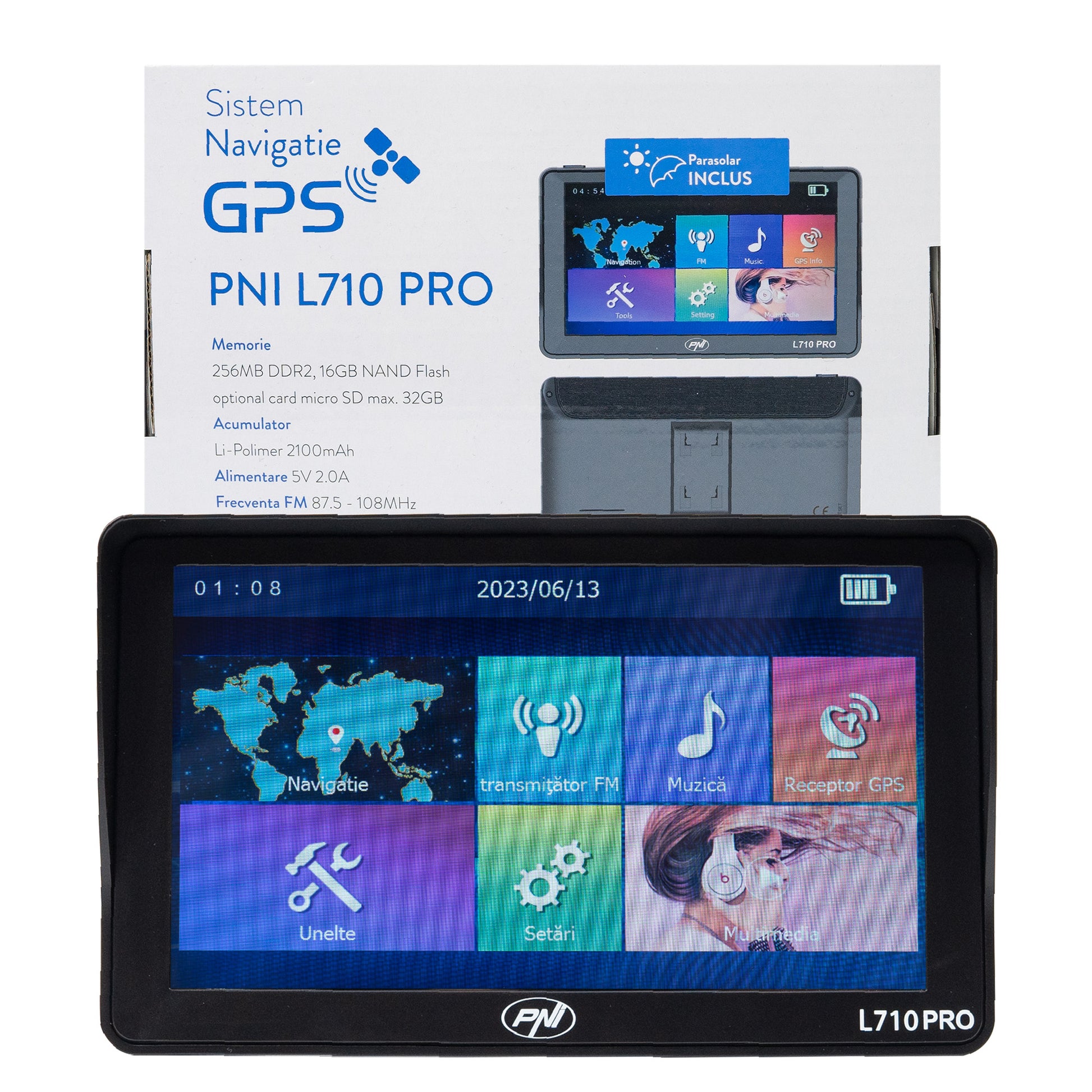 Sistem de navigatie GPS PNI L710 PRO cu parasolar, 7 inch, 800 MHz, 256MB DDR, 16GB memorie interna, FM transmitter, cu doua alimentatoare auto incluse