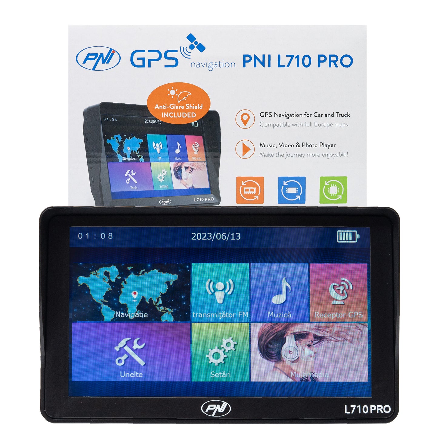Sistem de navigatie GPS PNI L710 PRO cu parasolar, 7 inch, 800 MHz, 256MB DDR, 16GB memorie interna, FM transmitter, cu doua alimentatoare auto incluse