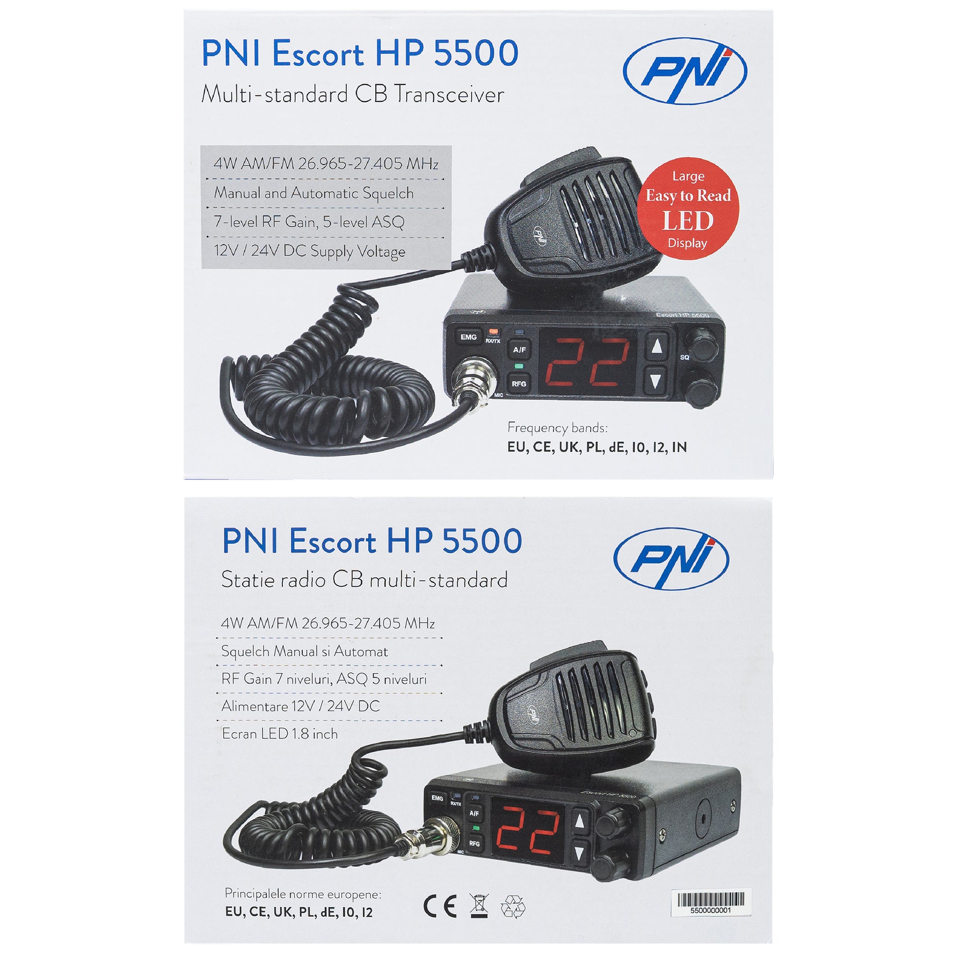Statie radio CB PNI Escort HP 5500, multistandard, 4W, AM-FM, 12V/24V, ASQ, RF Gain, mufa de bricheta inclusa