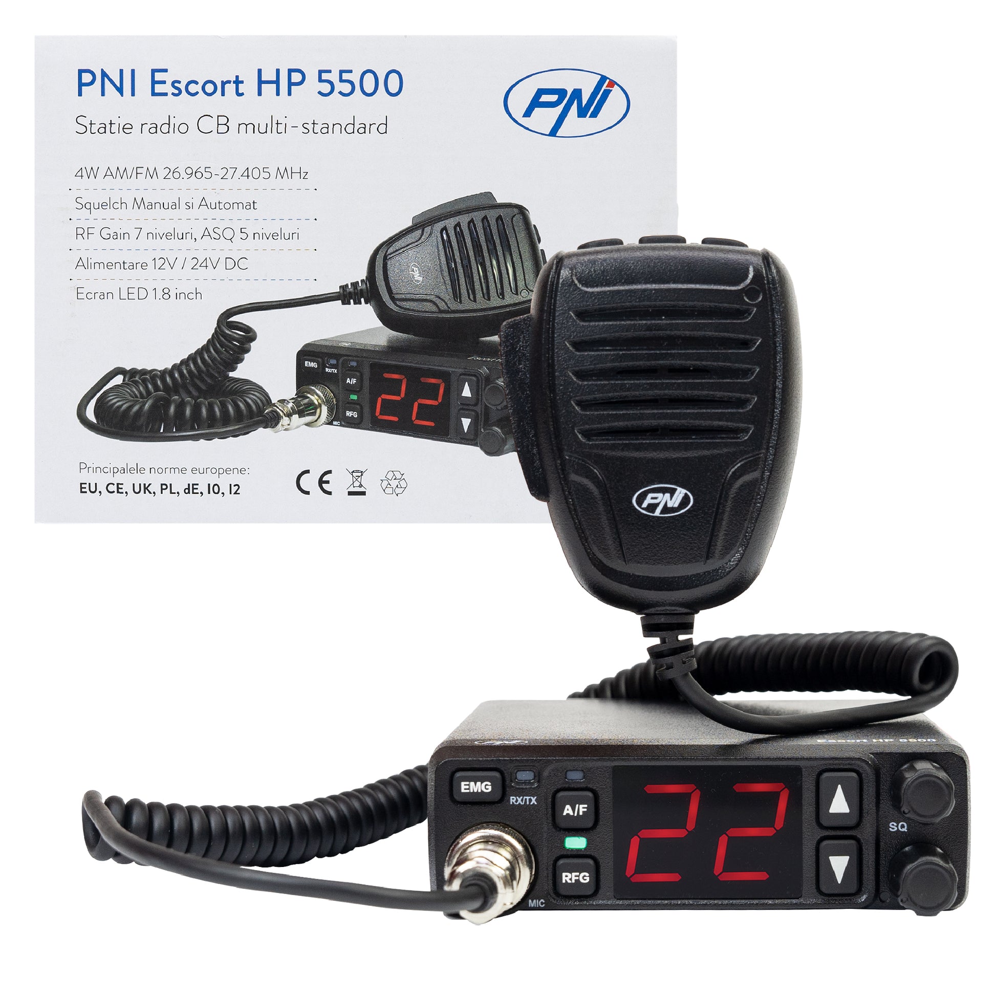 Statie radio CB PNI Escort HP 5500, multistandard, 4W, AM-FM, 12V/24V, ASQ, RF Gain, mufa de bricheta inclusa
