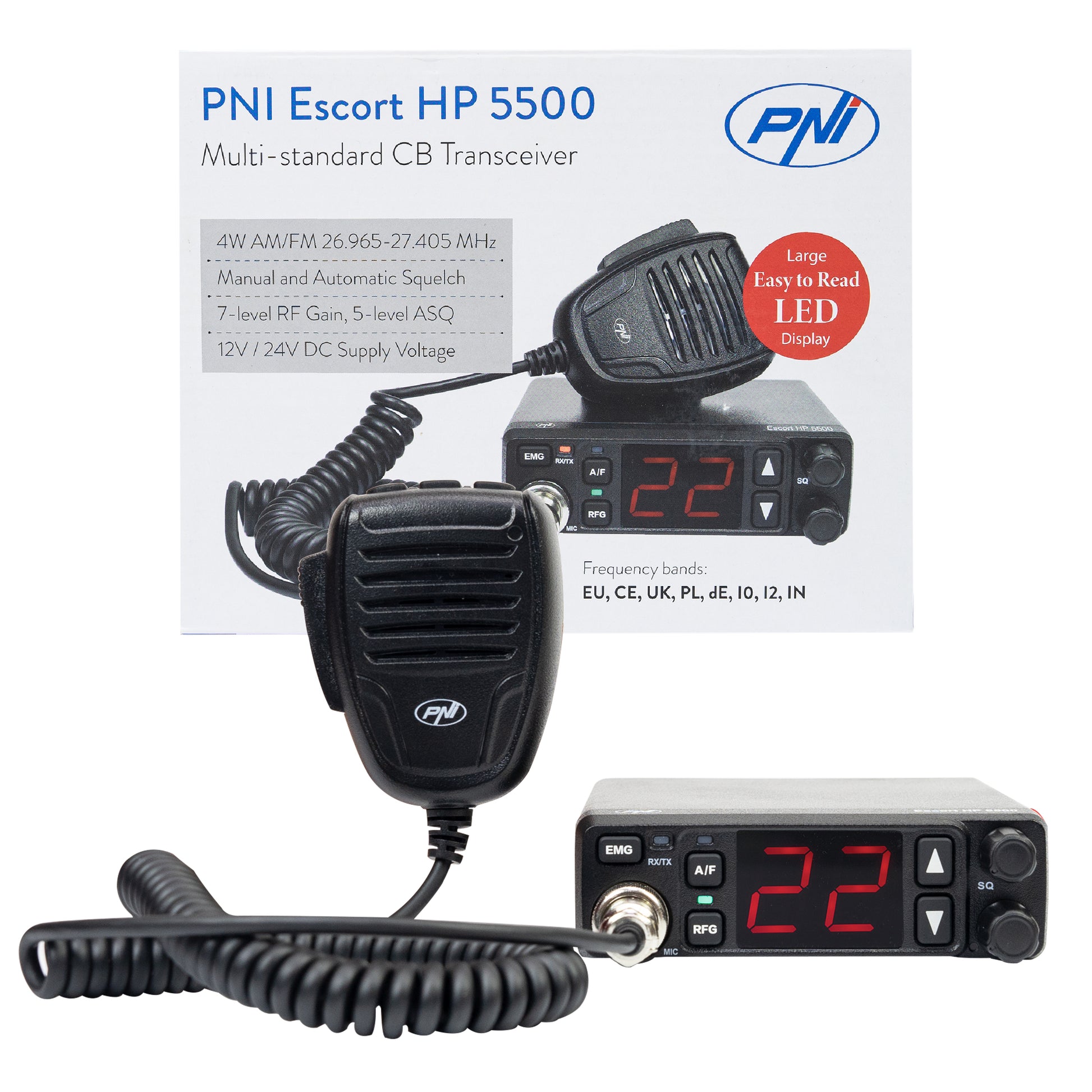 Statie radio CB PNI Escort HP 5500, multistandard, 4W, AM-FM, 12V/24V, ASQ, RF Gain, mufa de bricheta inclusa