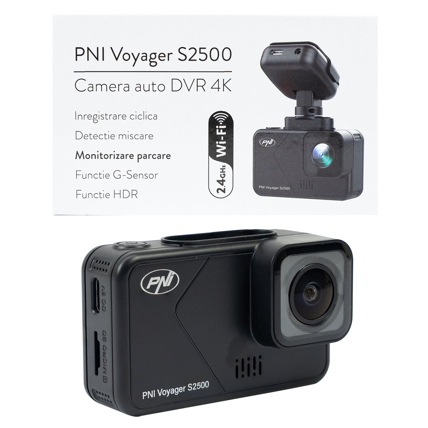Camera auto DVR PNI Voyager S2500 WiFi, 4K UHD, ecran 2 inch, inregistrare ciclica, monitorizare parcare, detectie miscare, inregistrare video si audio, alimentare 12V/24V