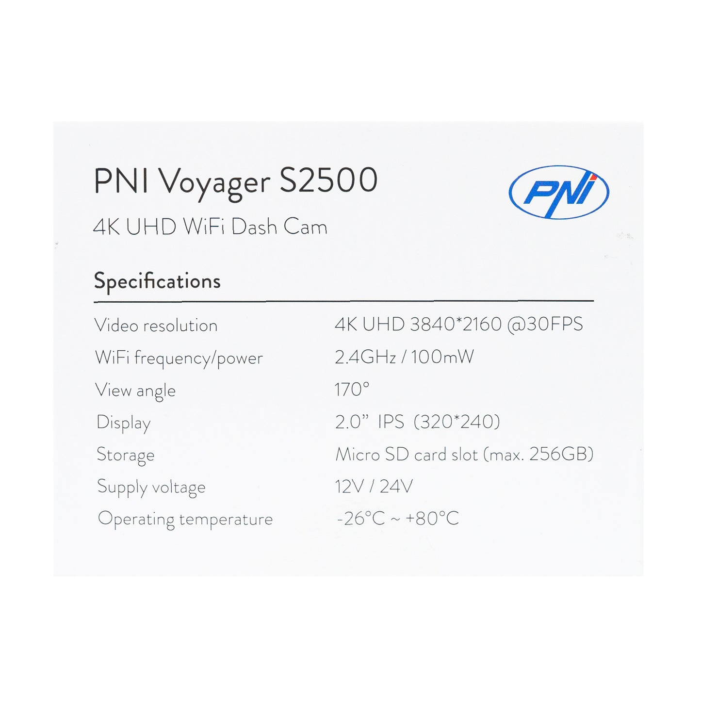 Camera auto DVR PNI Voyager S2500 WiFi, 4K UHD, ecran 2 inch, inregistrare ciclica, monitorizare parcare, detectie miscare, inregistrare video si audio, alimentare 12V/24V