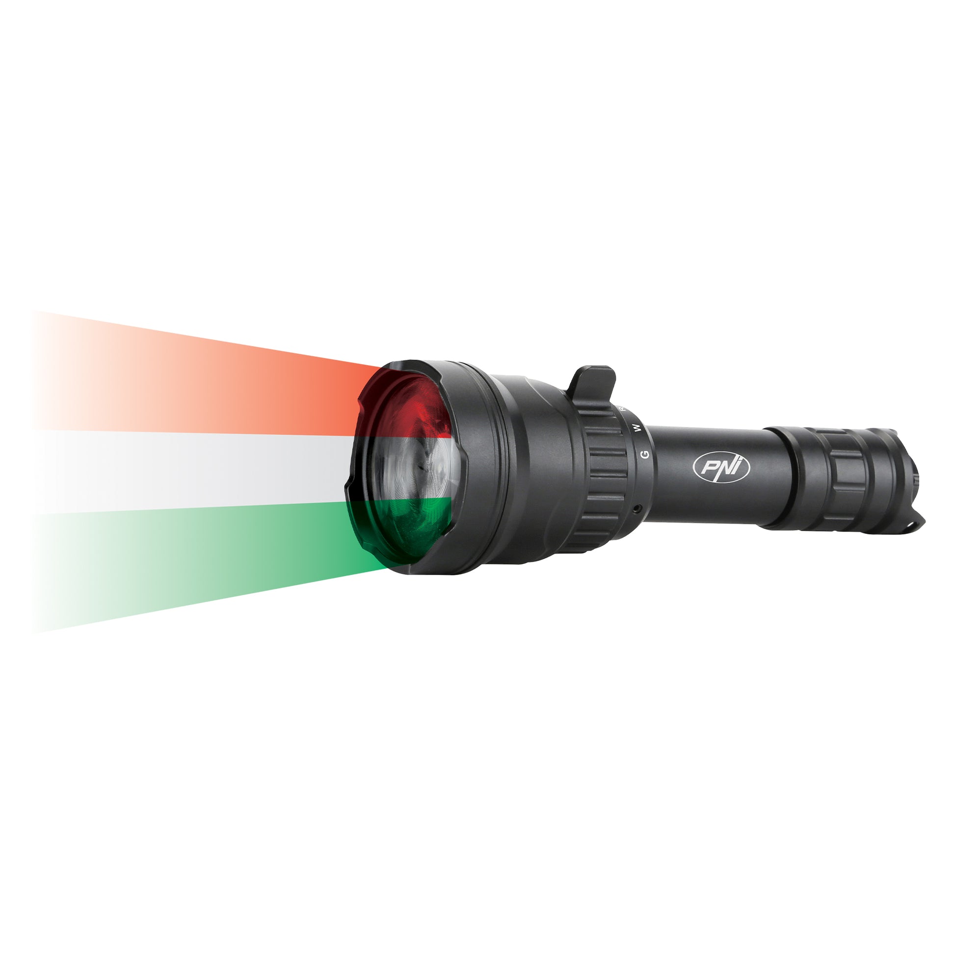 Lanterna PNI Adventure F300 cu LED in 3 culori, alb, rosu, verde, max. 10W, IPX6, distanta 536 m, flux luminos 540 lm, acumulator 18650 3000mAh inclus, incarcator pentru acumulator inclus, functie zoom si dimming