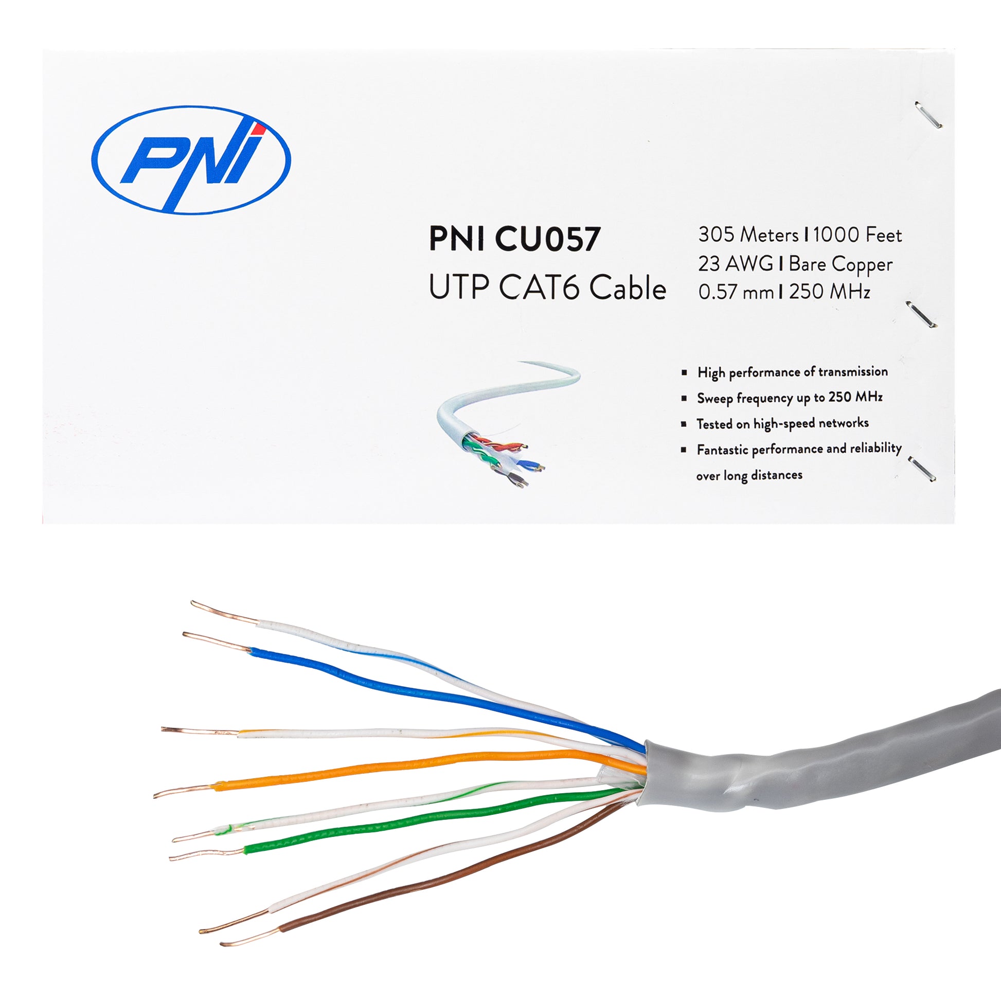 Cablu UTP CAT6 PNI CU057 la metru, cu 4 perechi de fire torsadate din cupru 100%  0.57 mm, pentru internet si sisteme de supraveghere