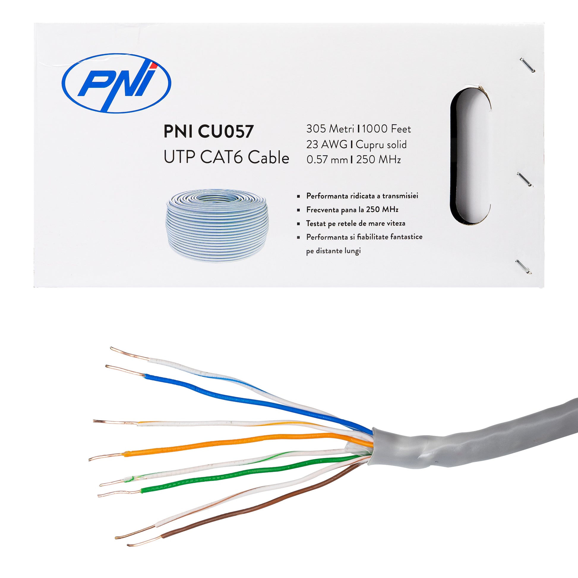 Cablu UTP CAT6 PNI CU057 la metru, cu 4 perechi de fire torsadate din cupru 100%  0.57 mm, pentru internet si sisteme de supraveghere