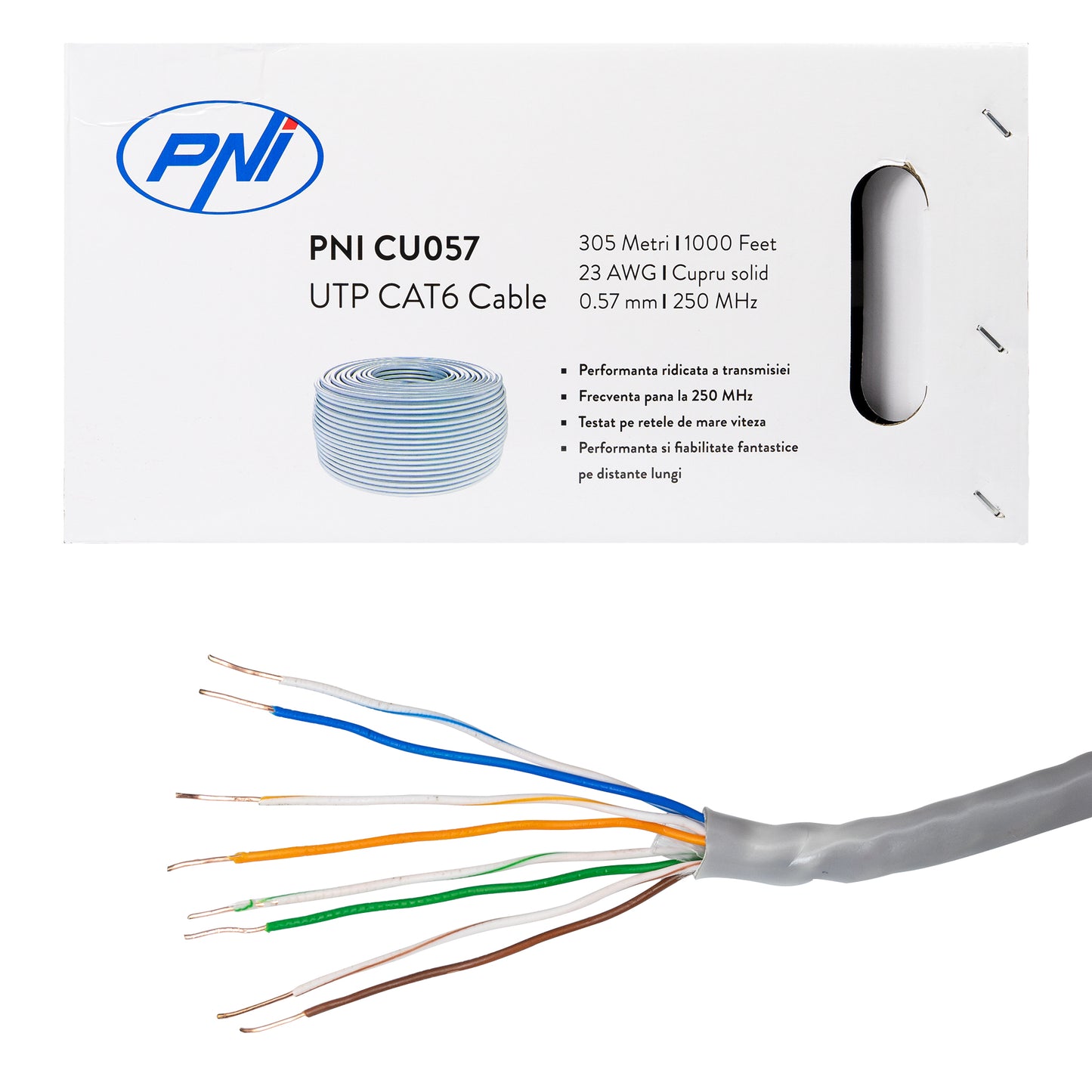 Cablu UTP CAT6 PNI CU057 din Cupru 0.57mm cu 4 perechi pentru internet si sisteme de supraveghere, rola 305m