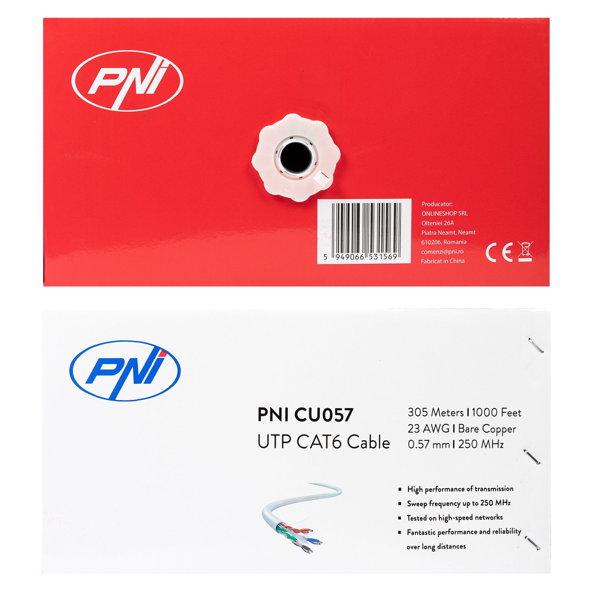 Cablu UTP CAT6 PNI CU057 din Cupru 0.57mm cu 4 perechi pentru internet si sisteme de supraveghere, rola 305m