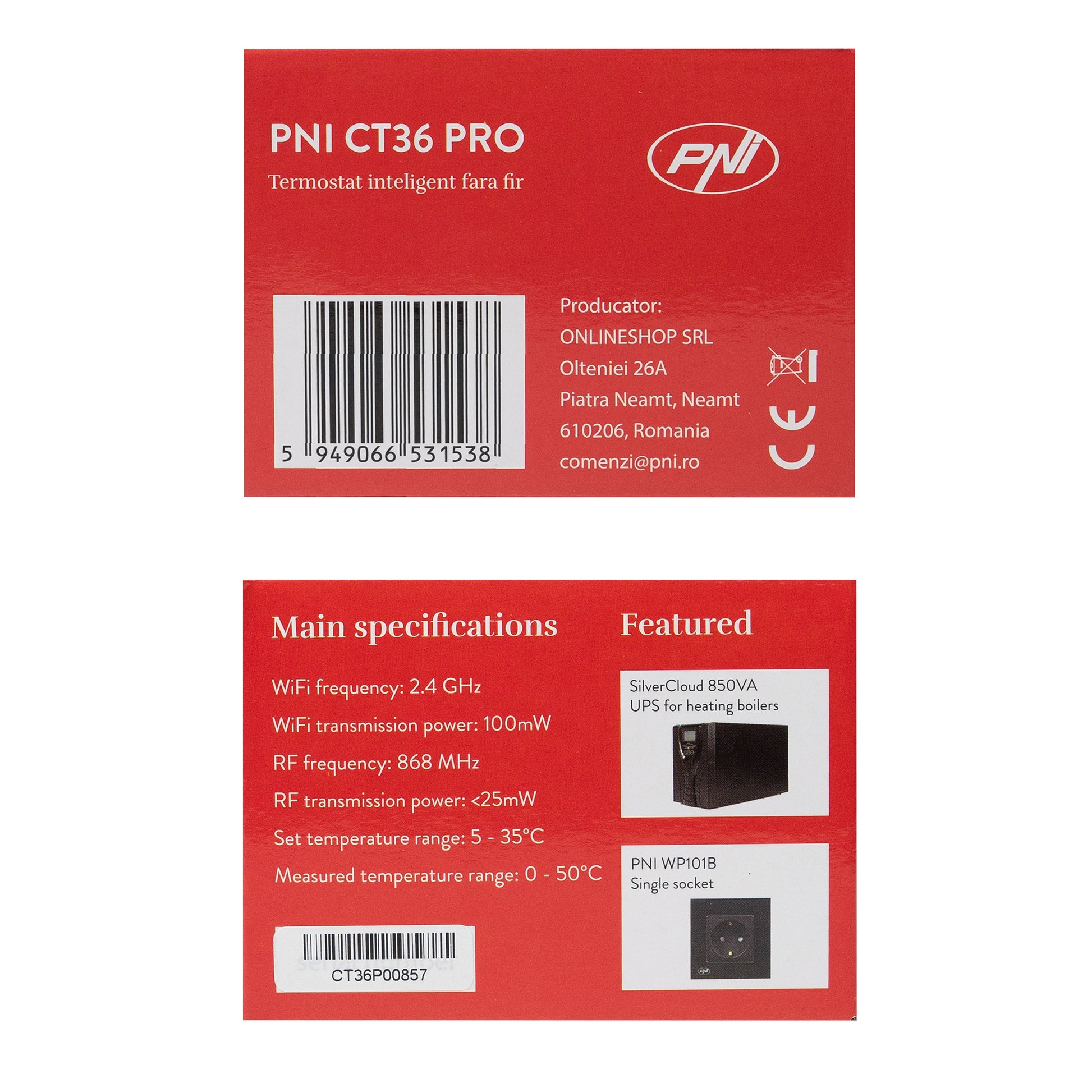 Termostat inteligent PNI CT36 PRO fara fir, histerezis  ± 0.1°C WiFi 2.4GHz, control prin Internet APP TuyaSmart, regim iarna-vara, pentru centrale termice