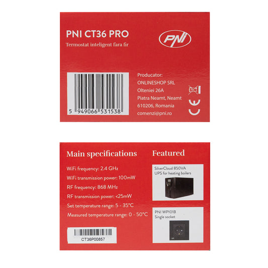 Termostat inteligent PNI CT36 PRO fara fir, histerezis  ± 0.1°C WiFi 2.4GHz, control prin Internet APP TuyaSmart, regim iarna-vara, pentru centrale termice