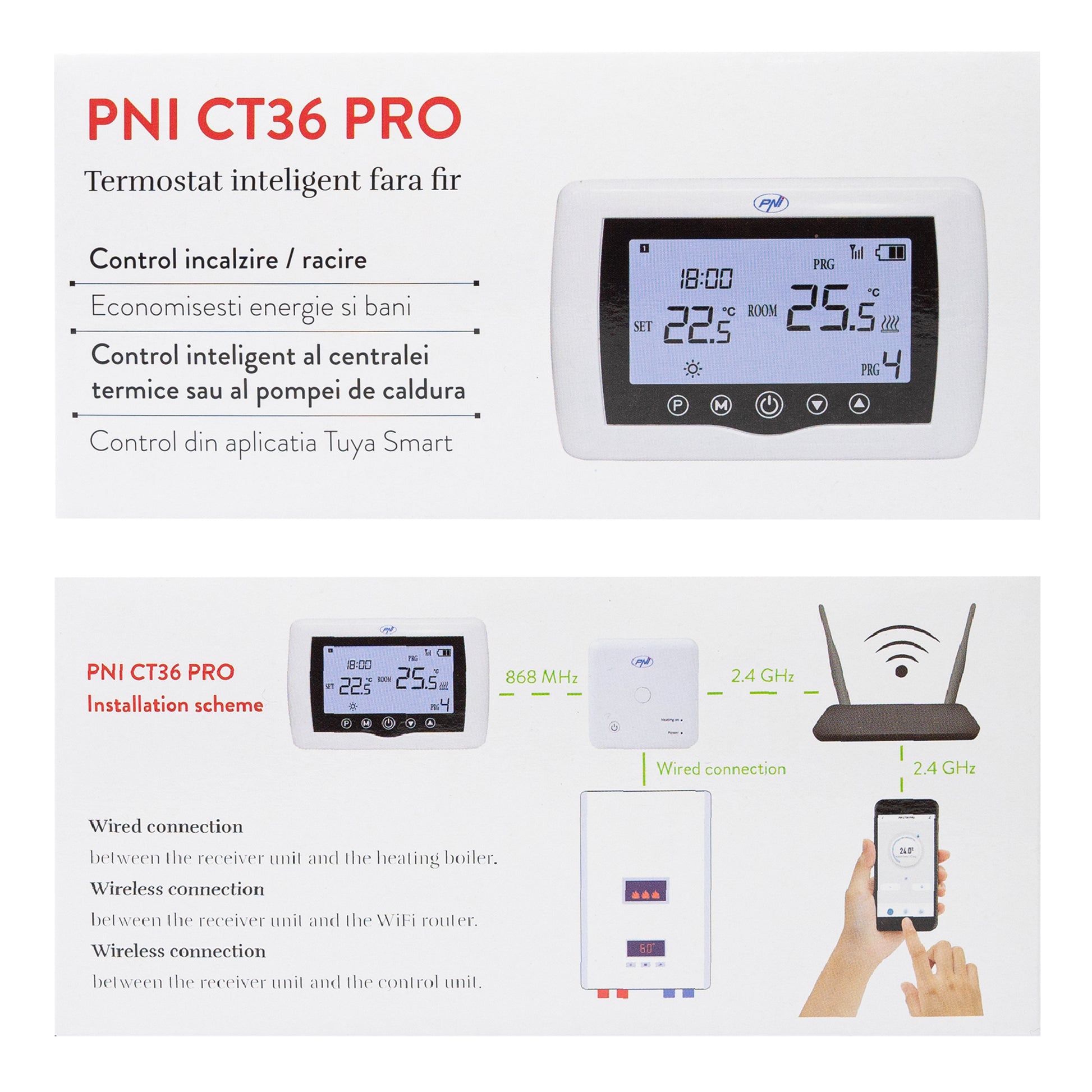 Termostat inteligent PNI CT36 PRO fara fir, histerezis  ± 0.1°C WiFi 2.4GHz, control prin Internet APP TuyaSmart, regim iarna-vara, pentru centrale termice