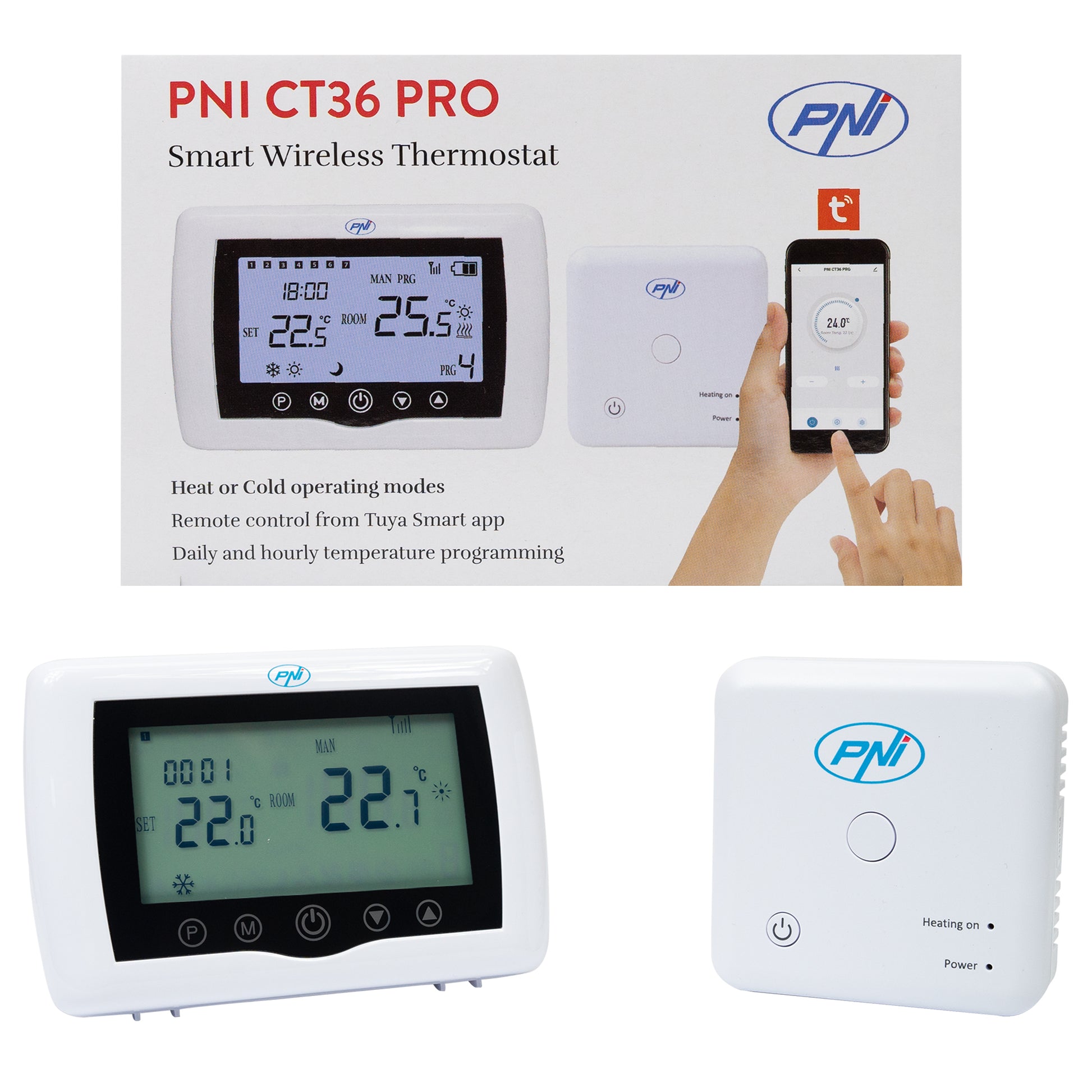 Termostat inteligent PNI CT36 PRO fara fir, histerezis  ± 0.1°C WiFi 2.4GHz, control prin Internet APP TuyaSmart, regim iarna-vara, pentru centrale termice