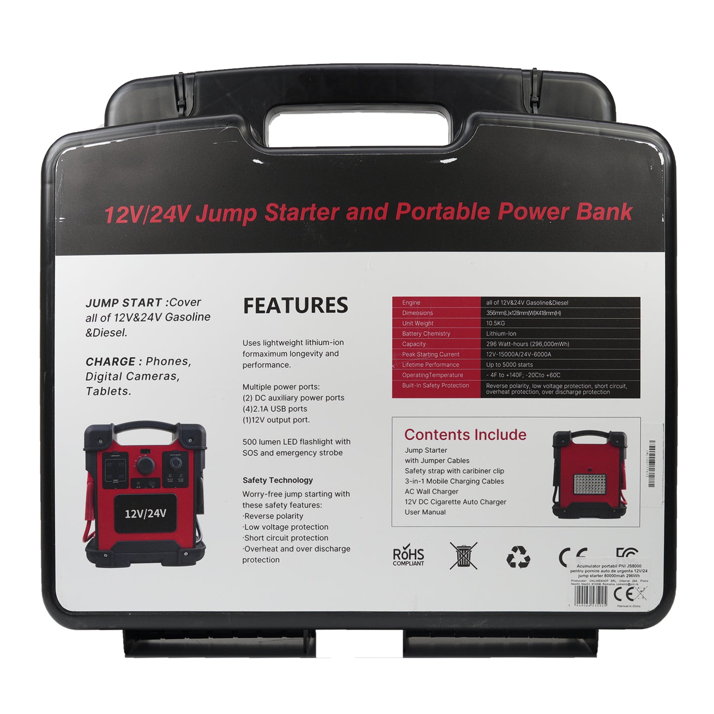 Acumulator portabil PNI JS8000 pentru pornire auto de urgenta 12V/24 jump starter 80000mah 296Wh