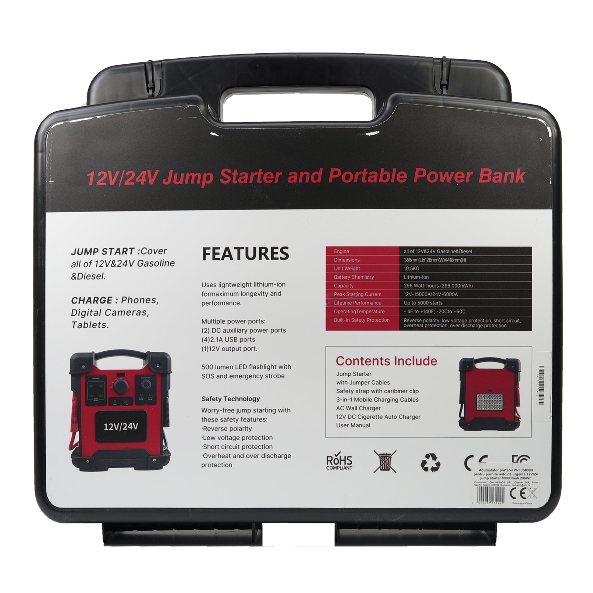 Acumulator portabil PNI JS8000 pentru pornire auto de urgenta 12V/24 jump starter 80000mah 296Wh