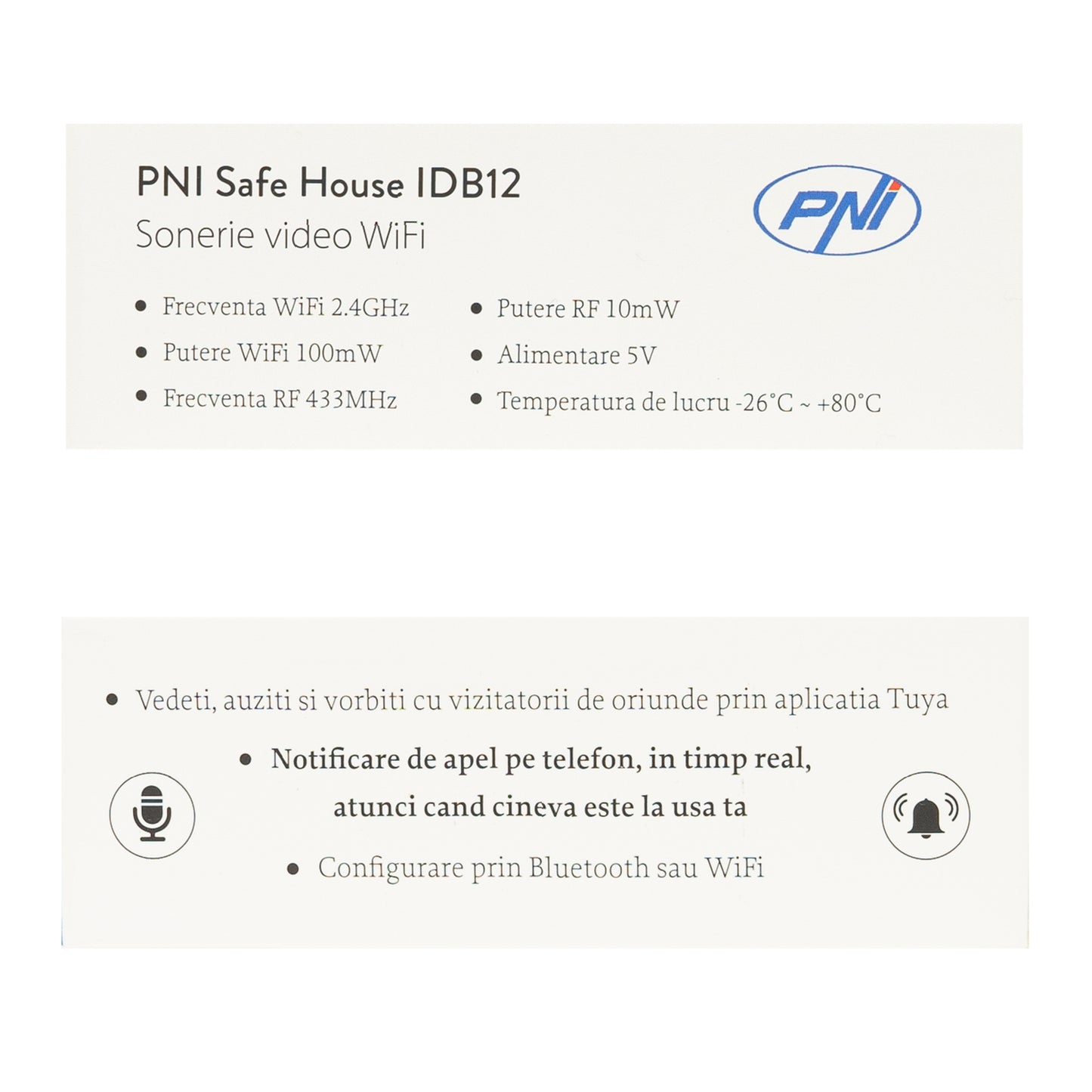 Sonerie video PNI Safe House IDB12 WiFi, vizibilitate noctura, IP54, acumulator incorporat, control din aplicatia Tuya