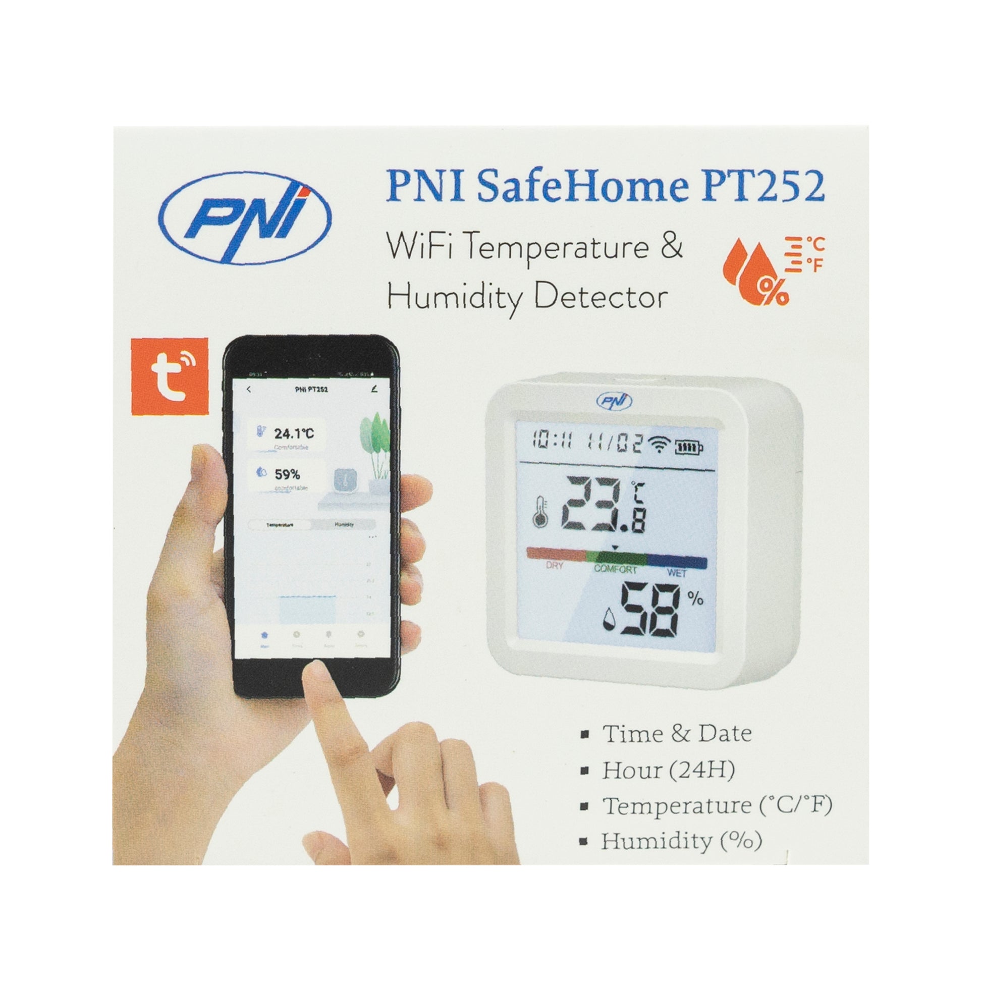 Senzor inteligent de temperatura si umiditate PNI SafeHome PT252 WiFi aplicatie de mobil Tuya Smart