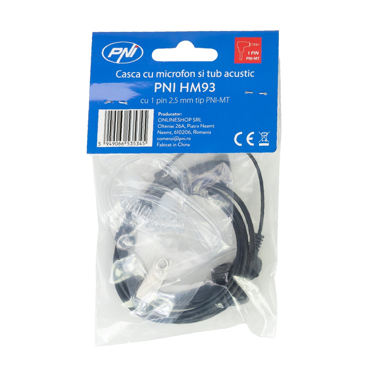 Casca cu microfon si tub acustic PNI HM93, cu 1 pin 2.5mm PNI-MT, negru